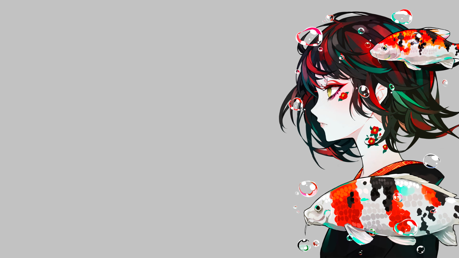 Anime 1600x900 anime girls short hair kimono side view multi-colored hair fish animals koi koi fish tattoo water drops yellow eyes makeup flowers expressionless simple background face gray background profile LAM bubbles minimalism