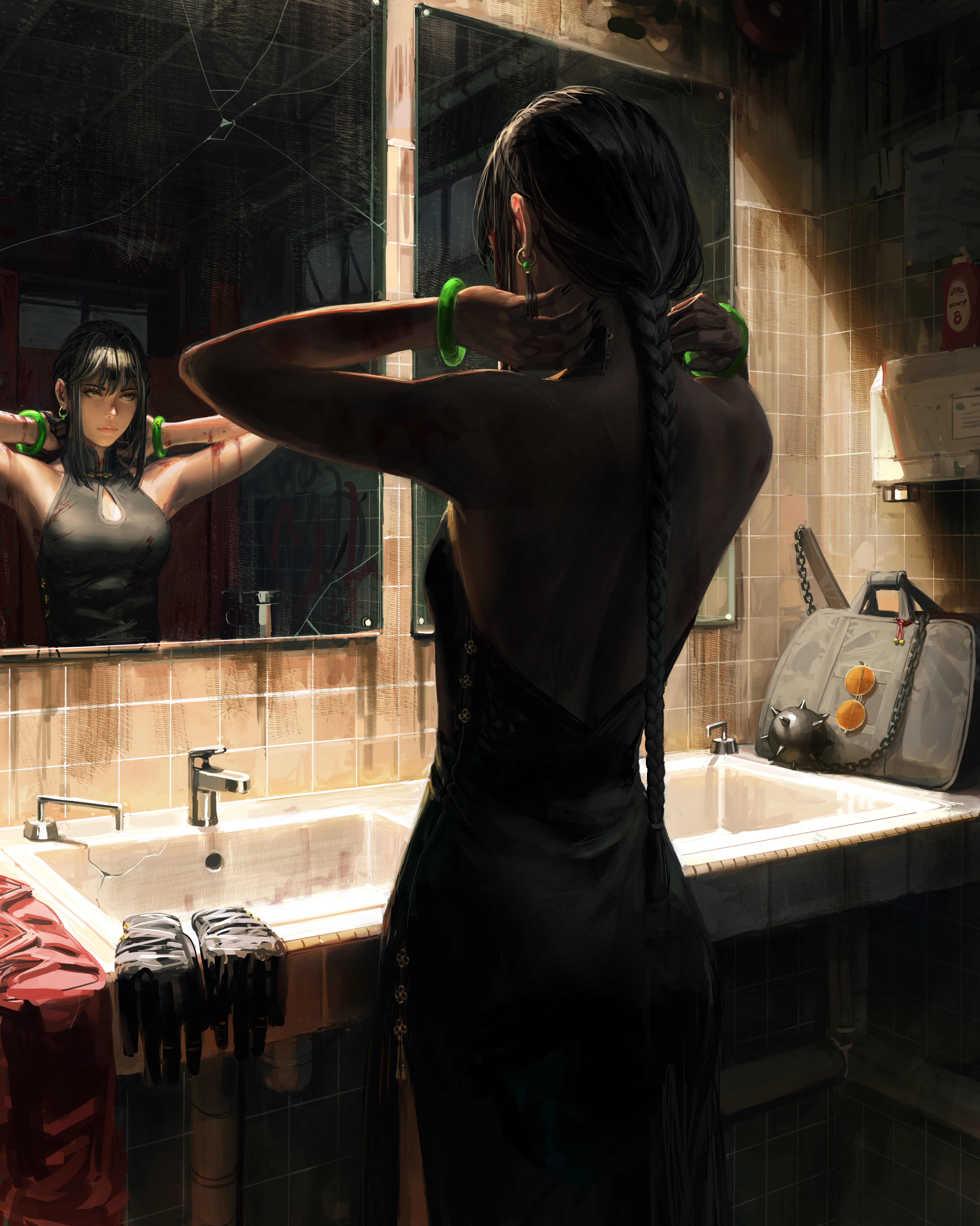 General 5000x6251 original characters fantasy girl blood cheongsam black hair braids bathroom gloves mirror 2D artwork drawing reflection bareback digital art GUWEIZ Yin (OC)