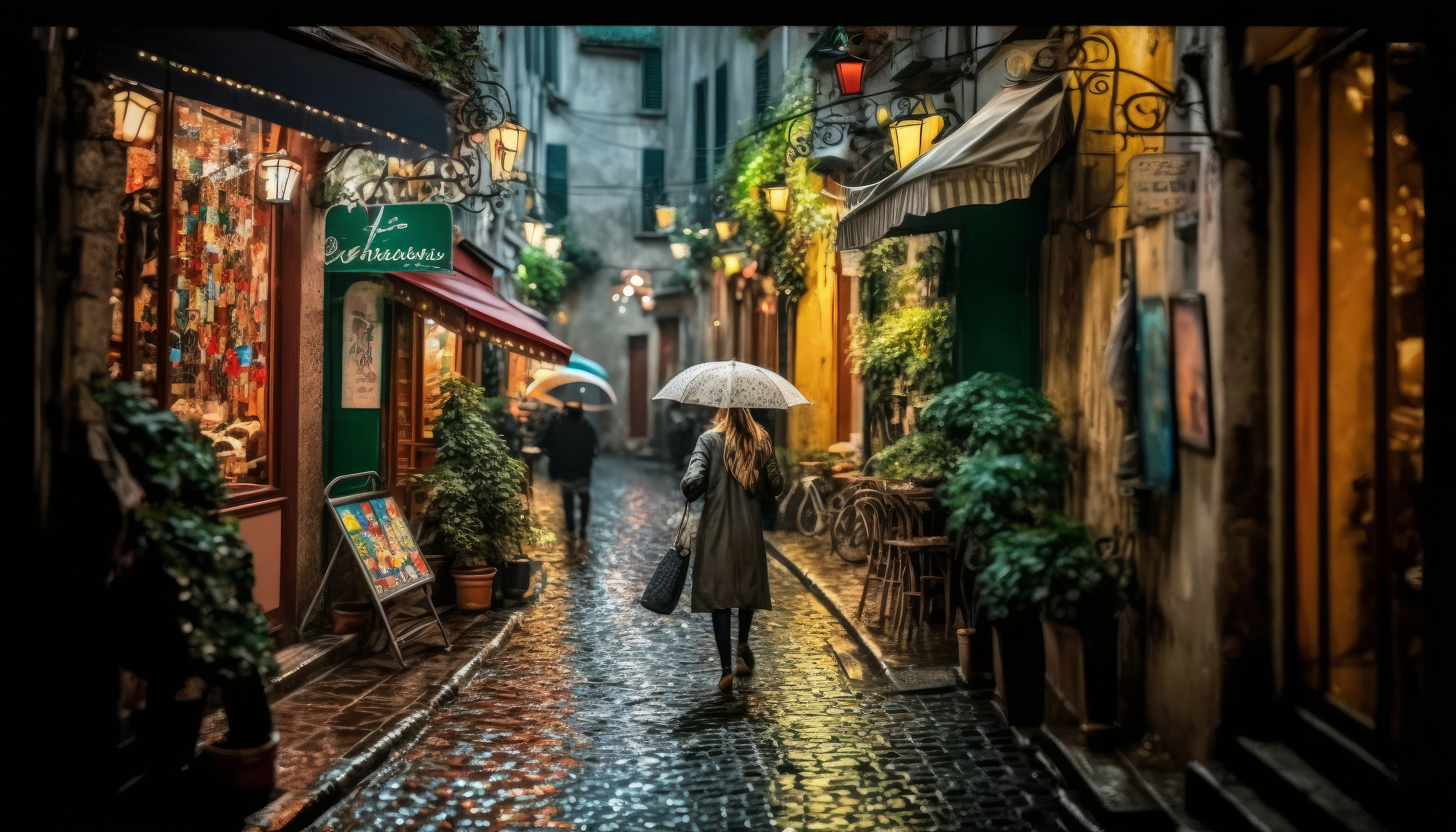 General 4579x2616 AI art illustration women Paris umbrella cobblestone Small Alley alleyway plants street light