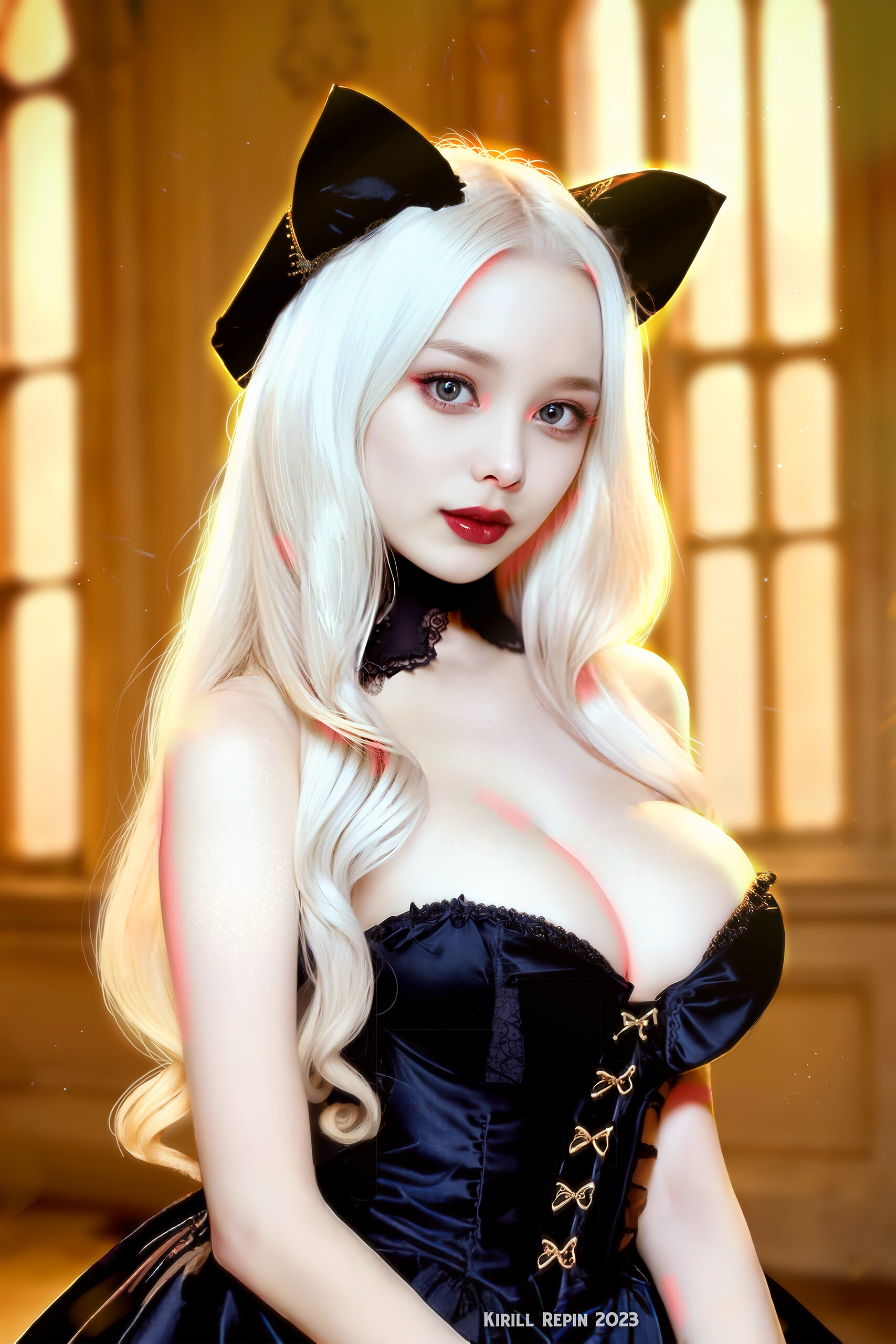 General 1707x2560 Kirill Repin drawing women blonde hair accessories dress cleavage red lipstick indoors black clothing portrait display looking at viewer big boobs AI art