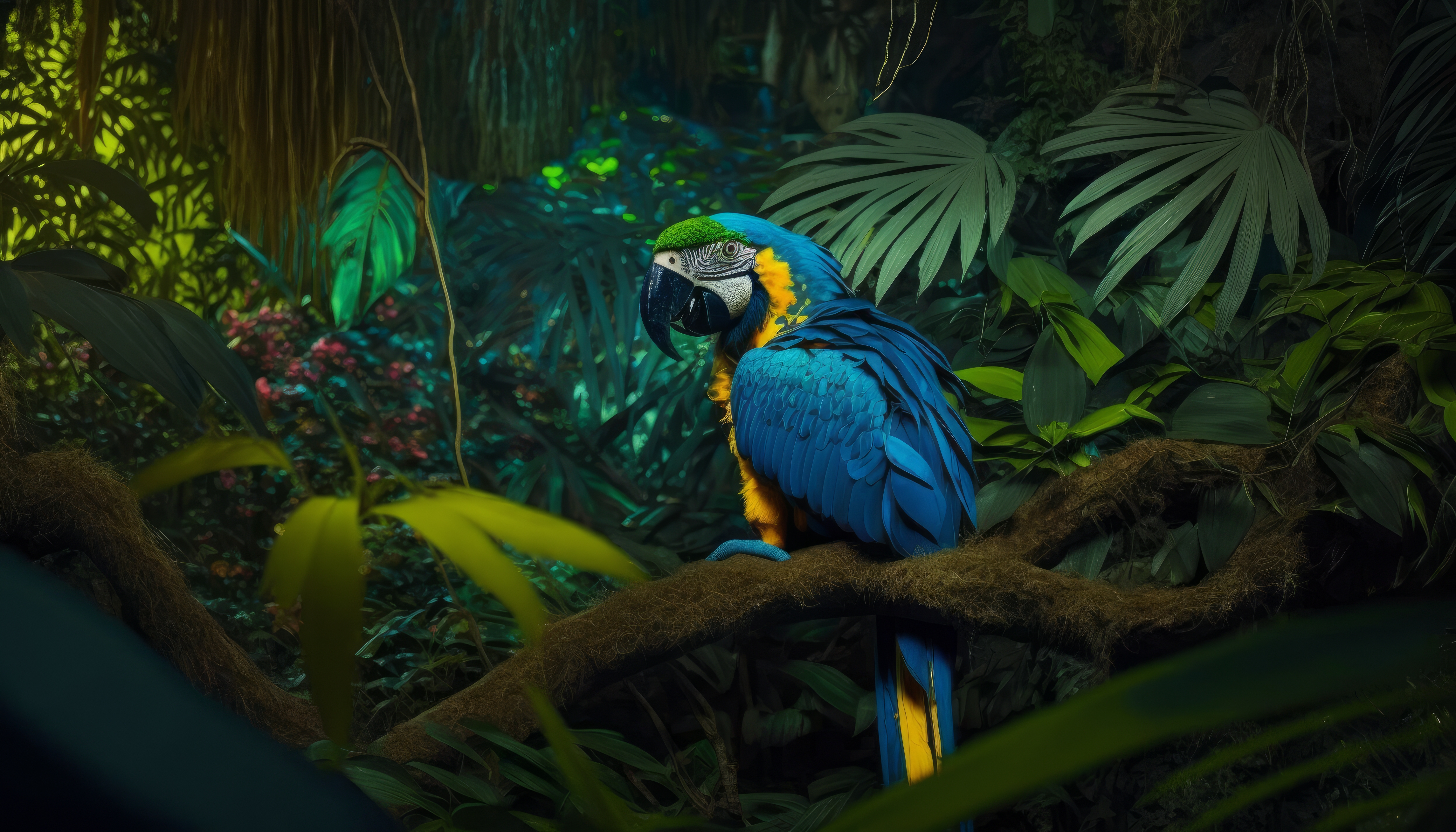 General 4579x2616 AI art parrot jungle animals nature leaves branch macaws Blue-and-Yellow Macaw