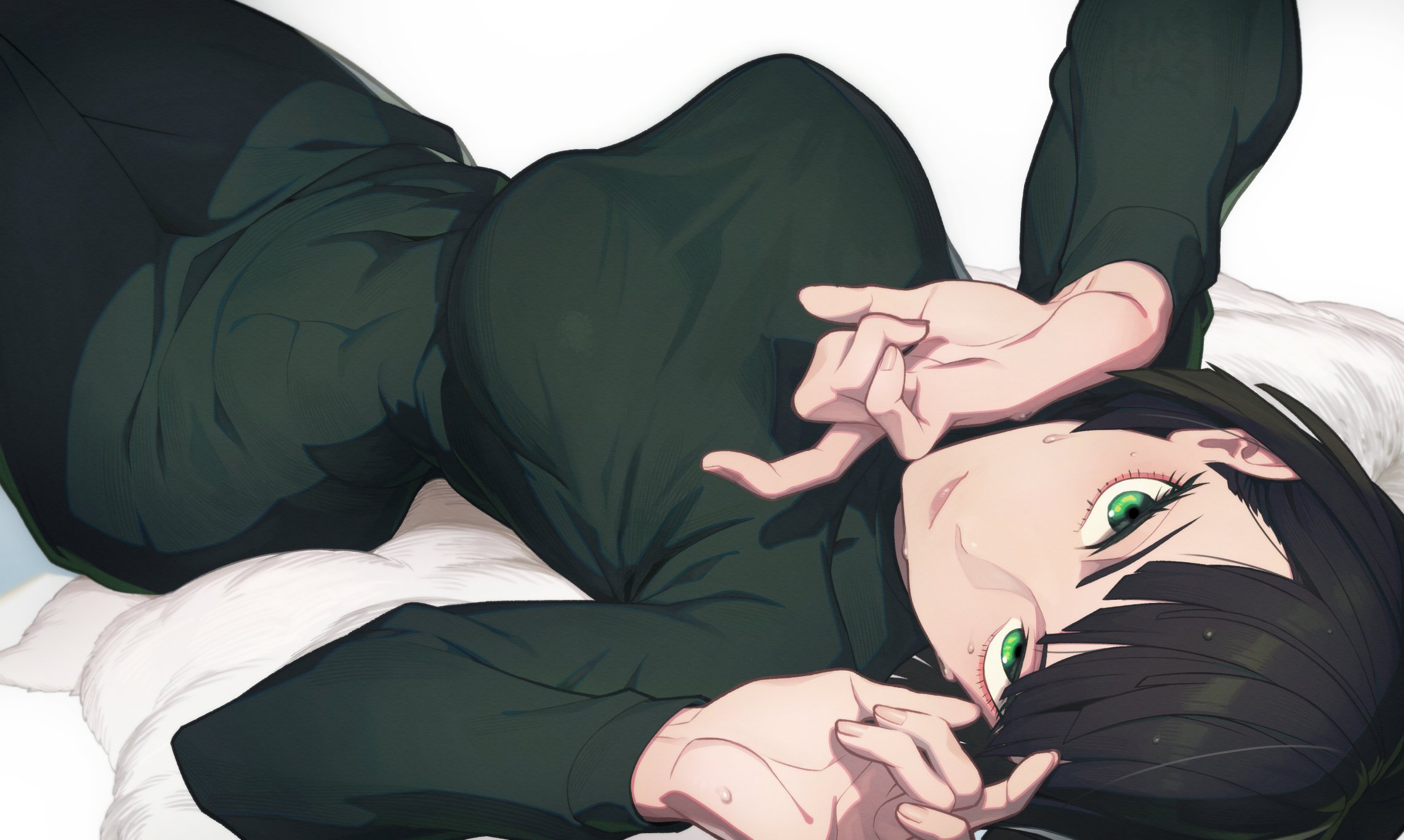 Anime 2280x1364 Fubuki One-Punch Man lying on back looking at viewer green eyes anime girls short hair big boobs
