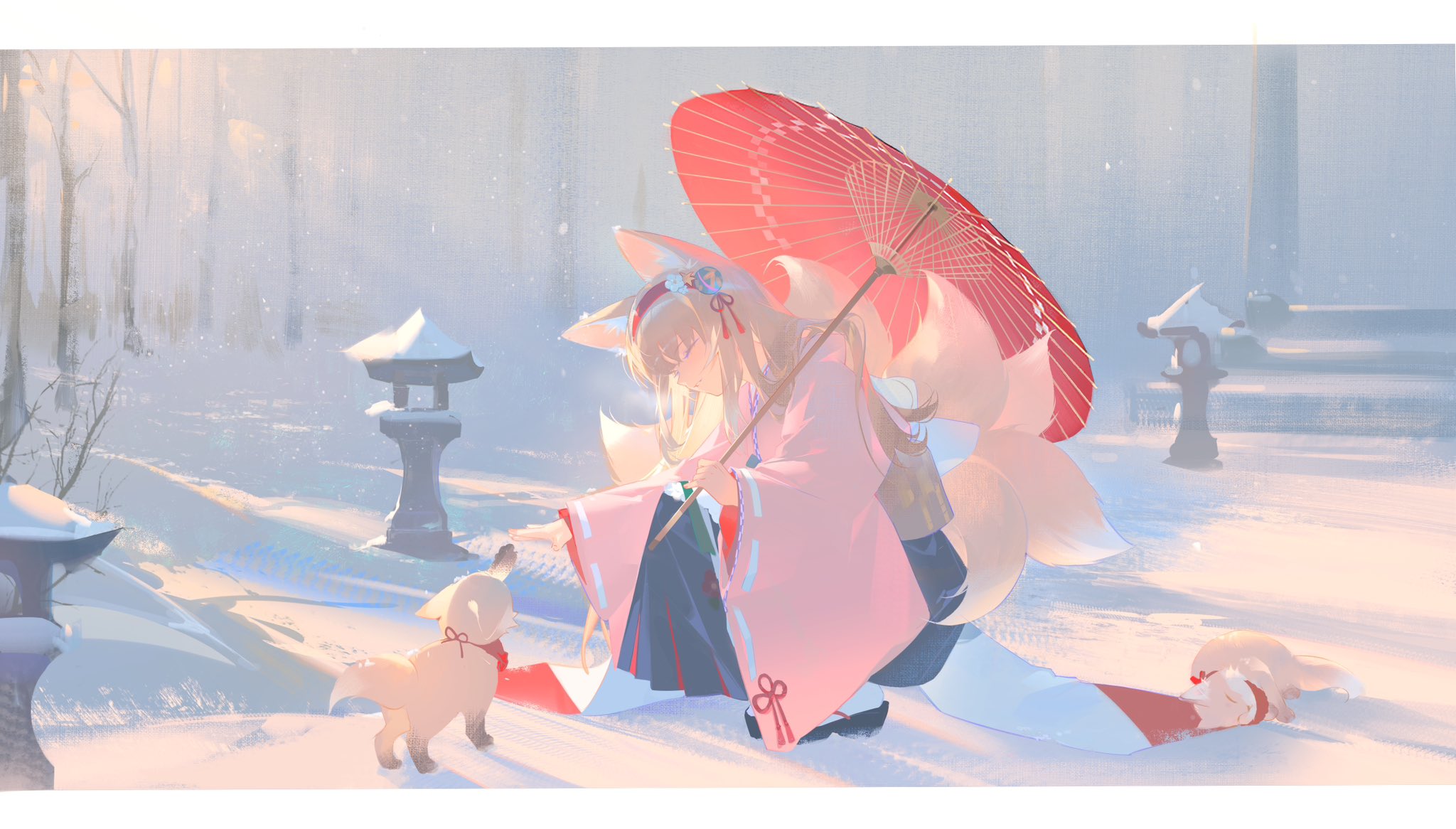 Anime 2048x1166 fox fox girl umbrella winter anime girls fox ears fox tail Suzuran (Arknights)