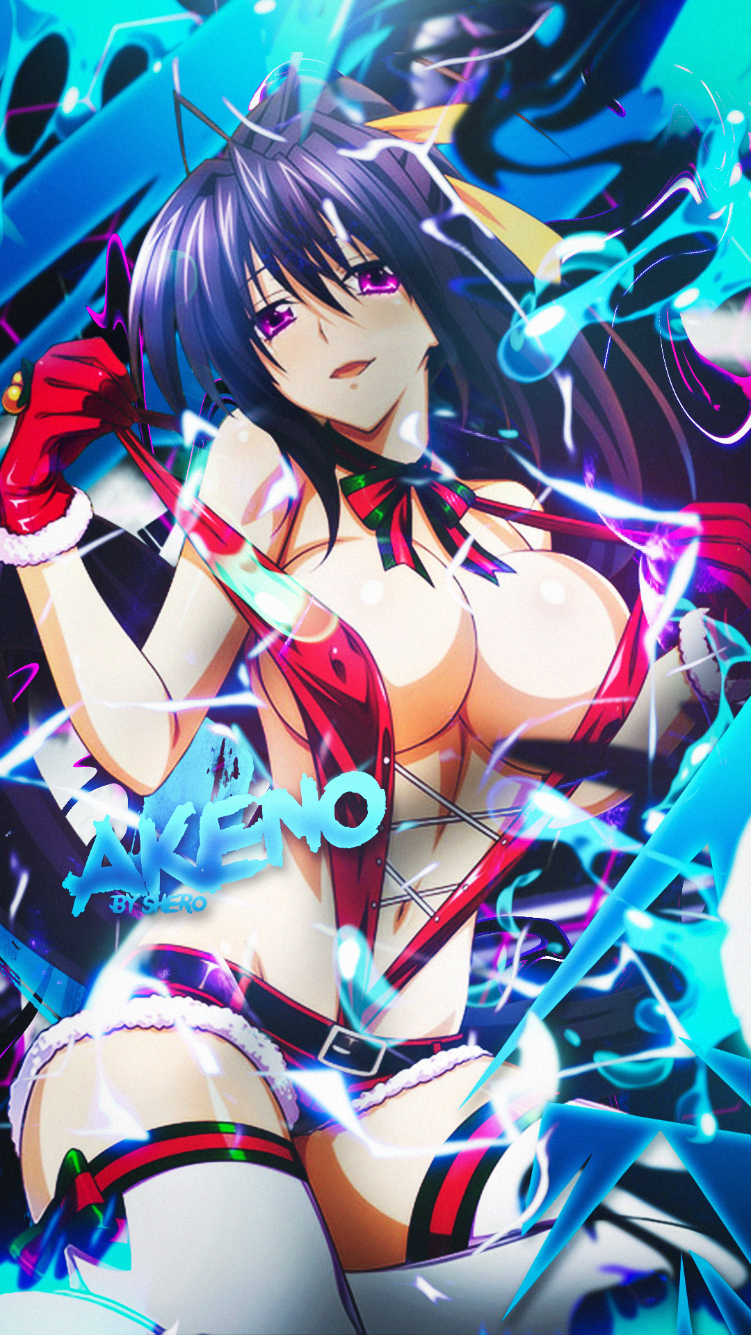 Anime 1080x1920 Himejima Akeno High School DxD signature big boobs anime girls portrait display gloves Christmas clothes Christmas short shorts looking at viewer bow tie