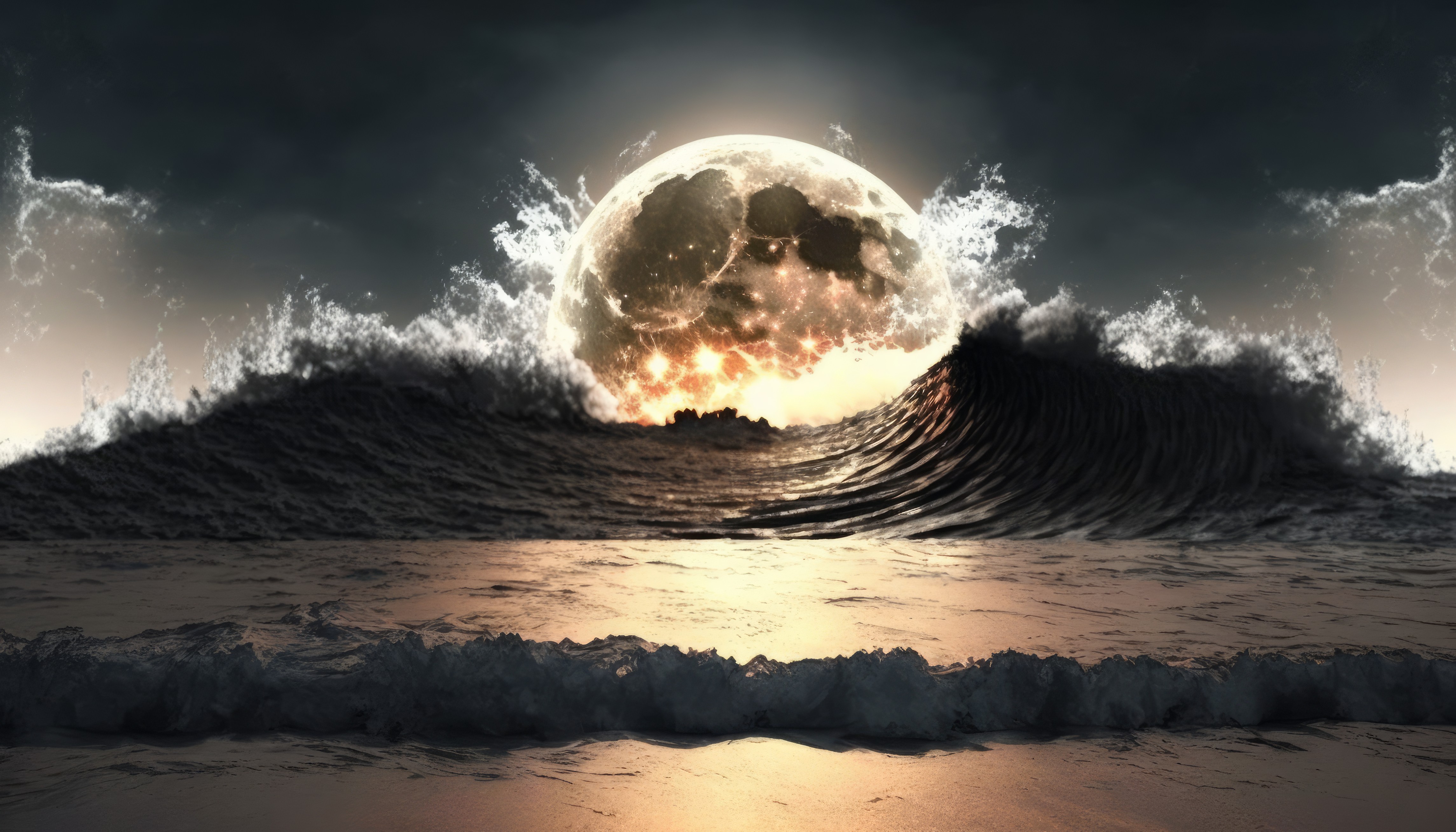 General 4579x2616 AI art Moon waves collision sea water night