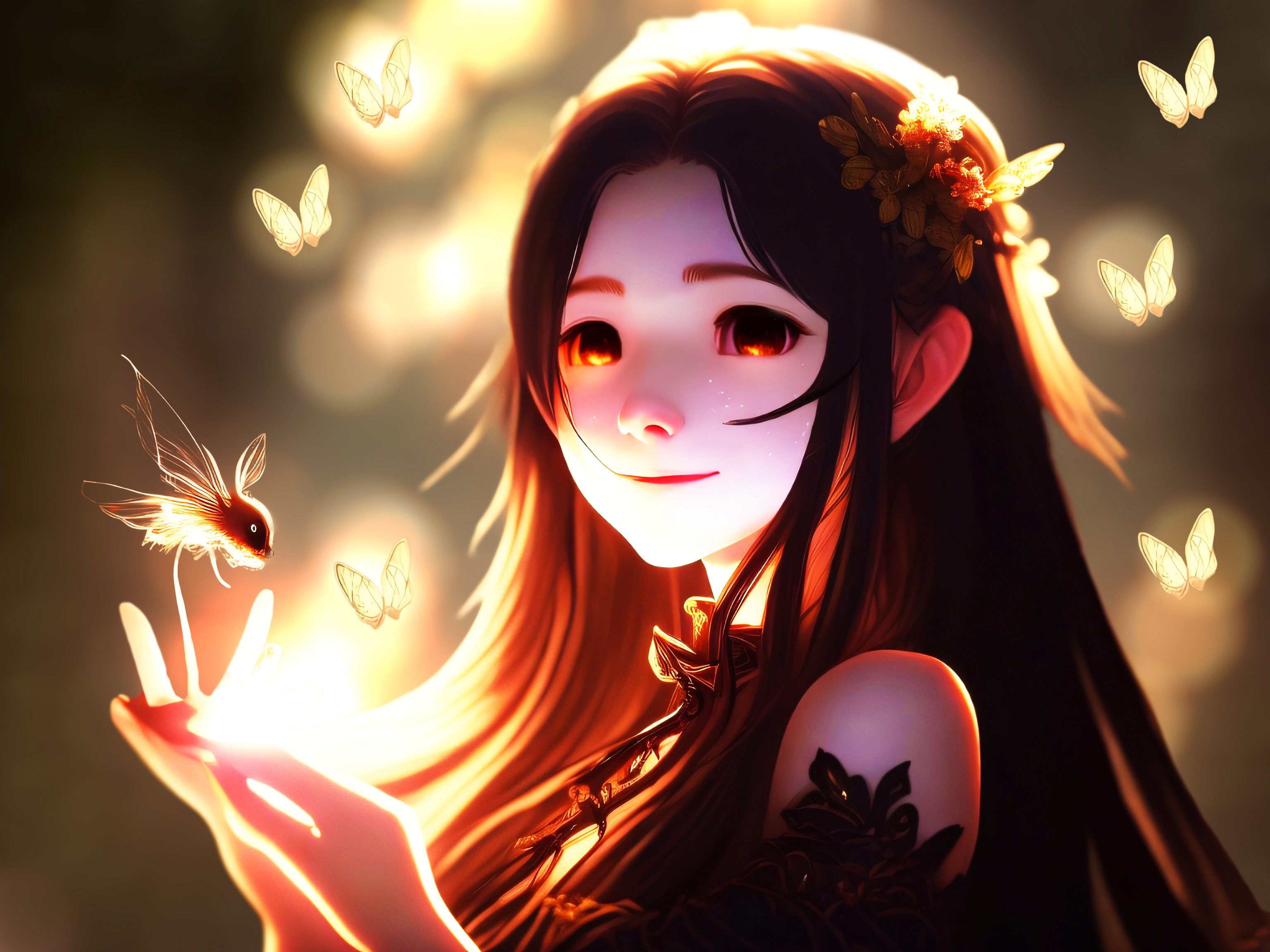 Anime 3072x2304 anime girls digital art butterfly smiling looking at viewer insect long hair