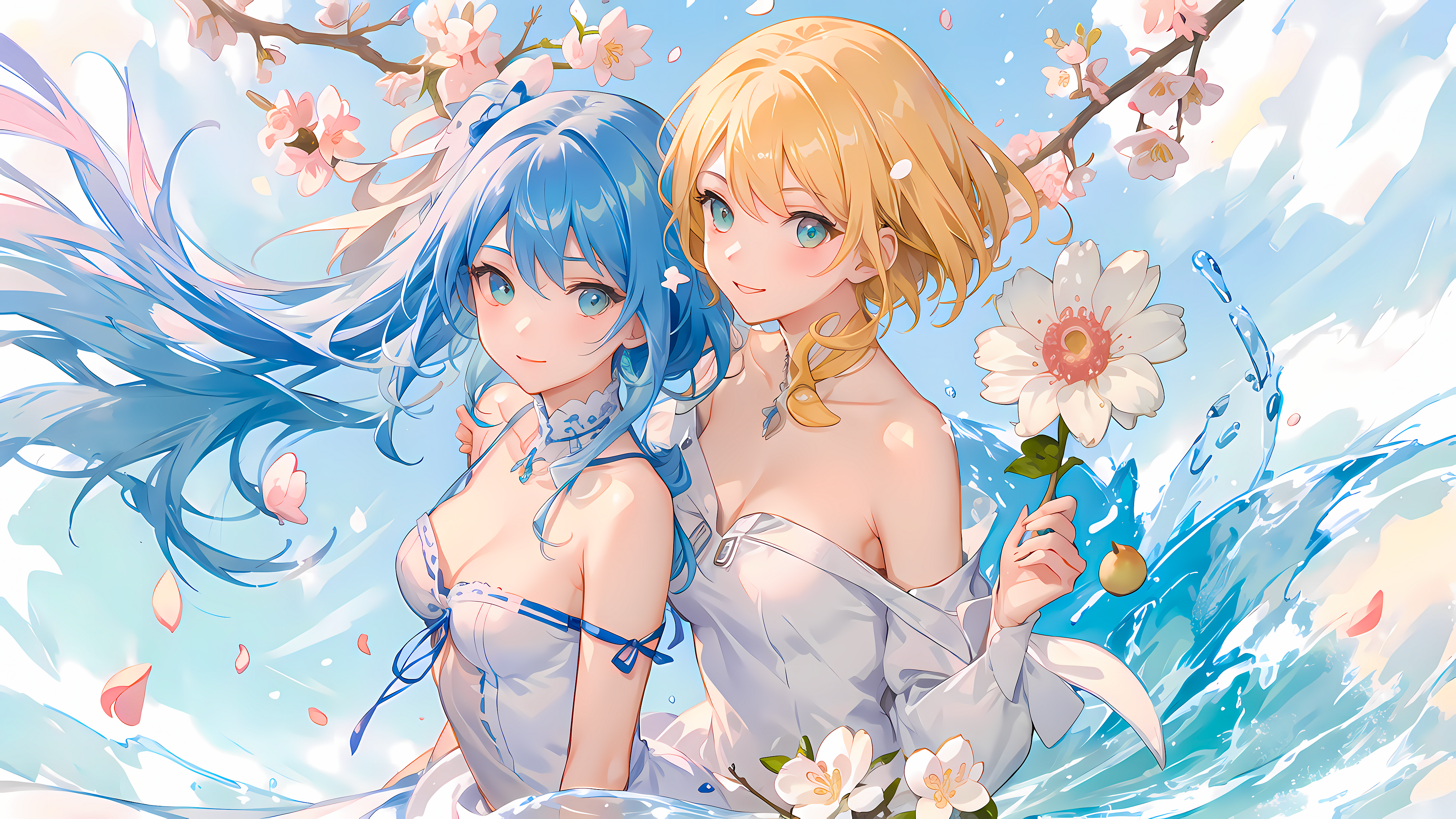 Anime 4098x2305 AI art blue hair flower in hair skirt Plum blossom anime girls water petals flowers smiling long hair short hair looking at viewer