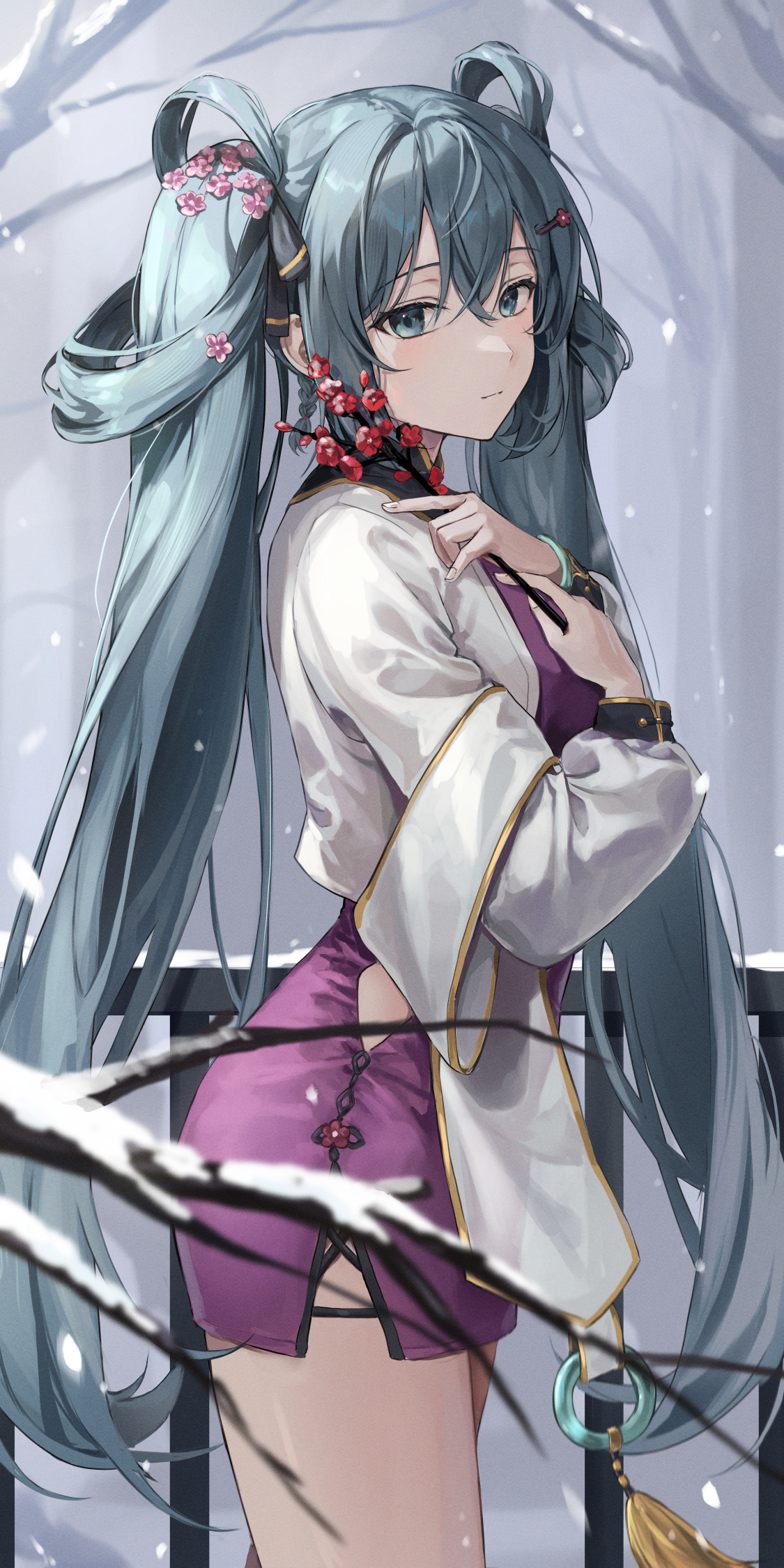 Anime 1125x2250 anime anime girls portrait display long hair Hatsune Miku Vocaloid twintails snow branch looking at viewer