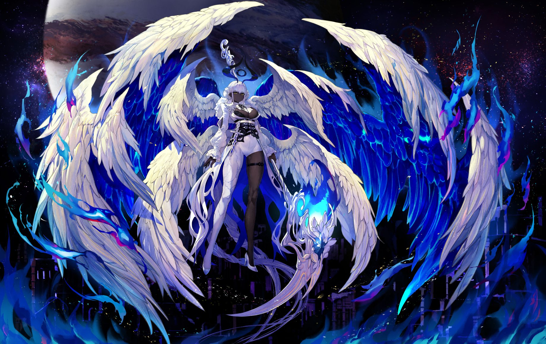 Anime 1840x1160 angel anime girls blue flames scythe dark skin Saturn