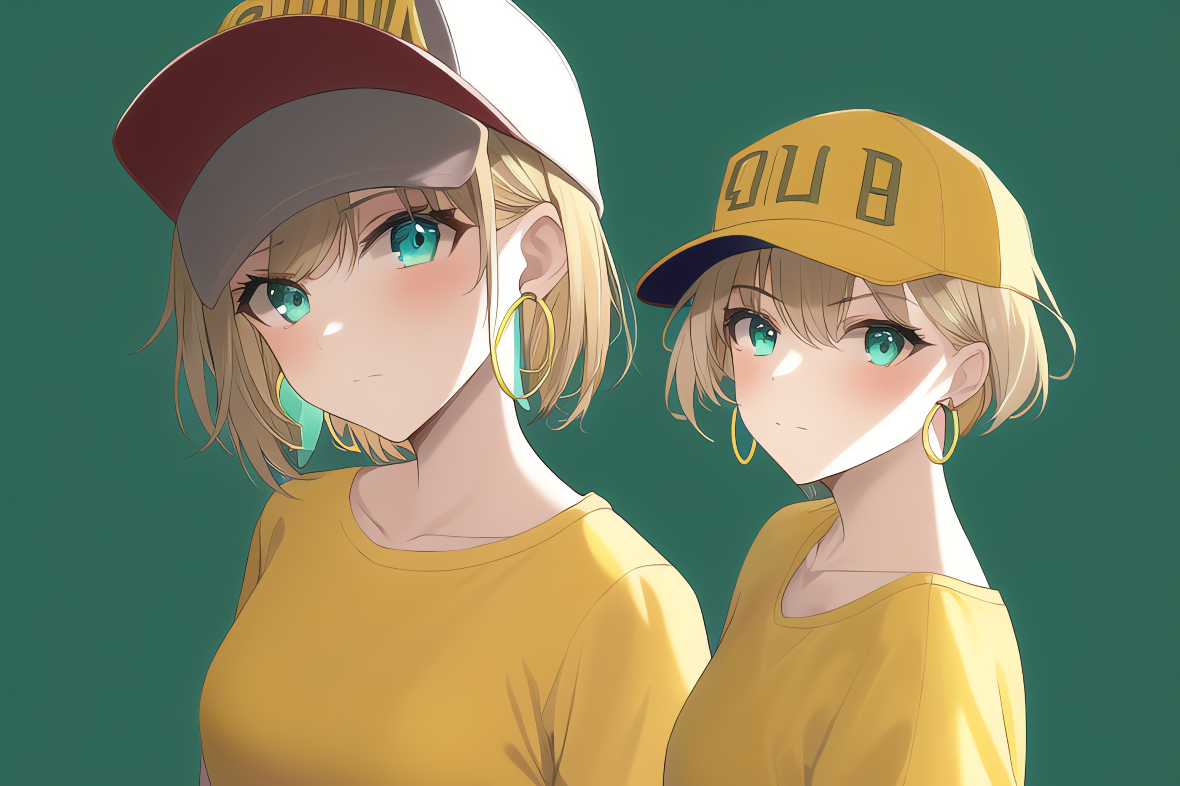 Anime 3840x2560 AI art anime girls green background earring simple background hat hoop earrings looking at viewer short hair