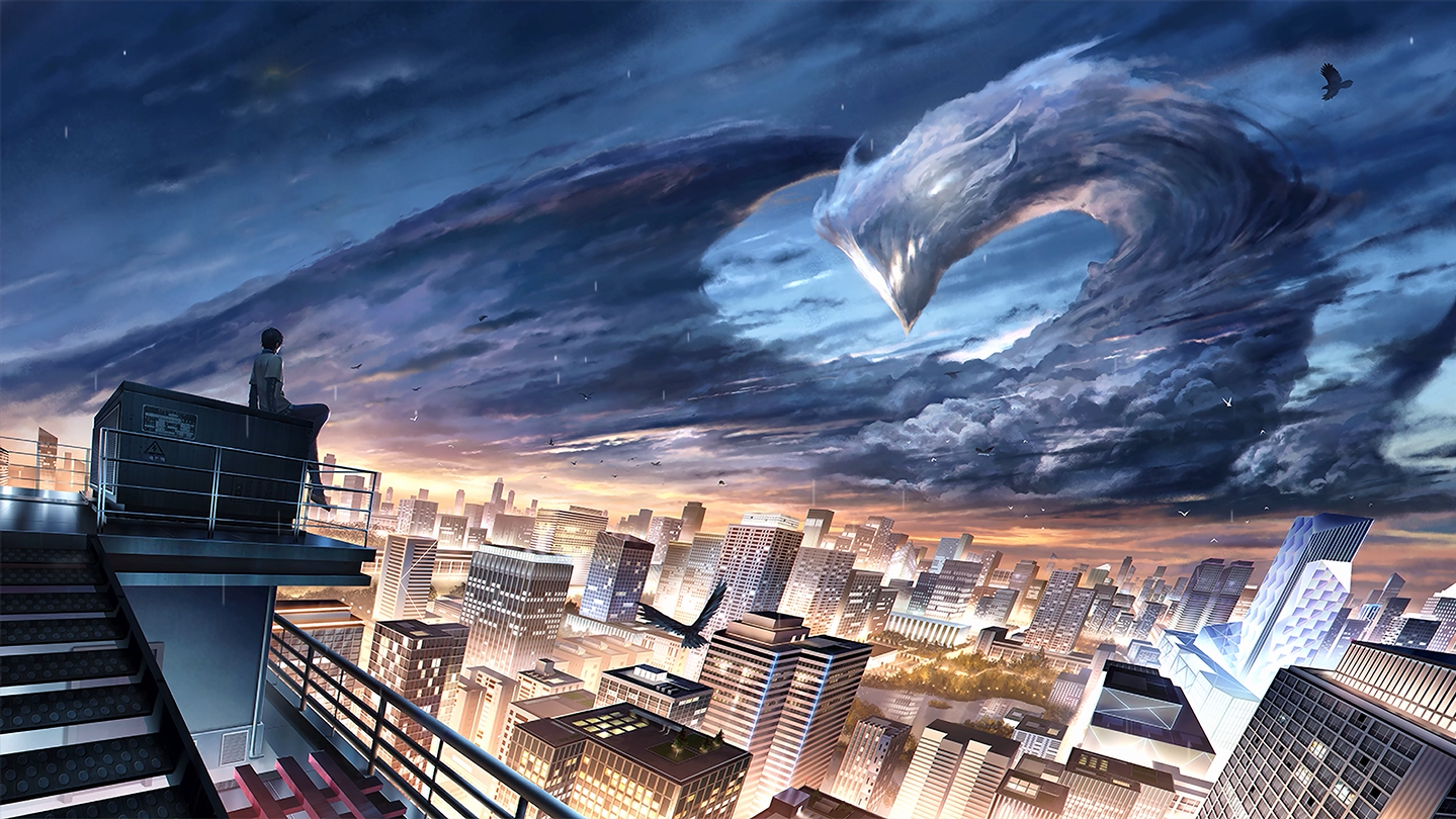 Anime 1439x810 Ricardo·M·Lu Dragon Raja stairs clouds anime boys city city lights sky cityscape