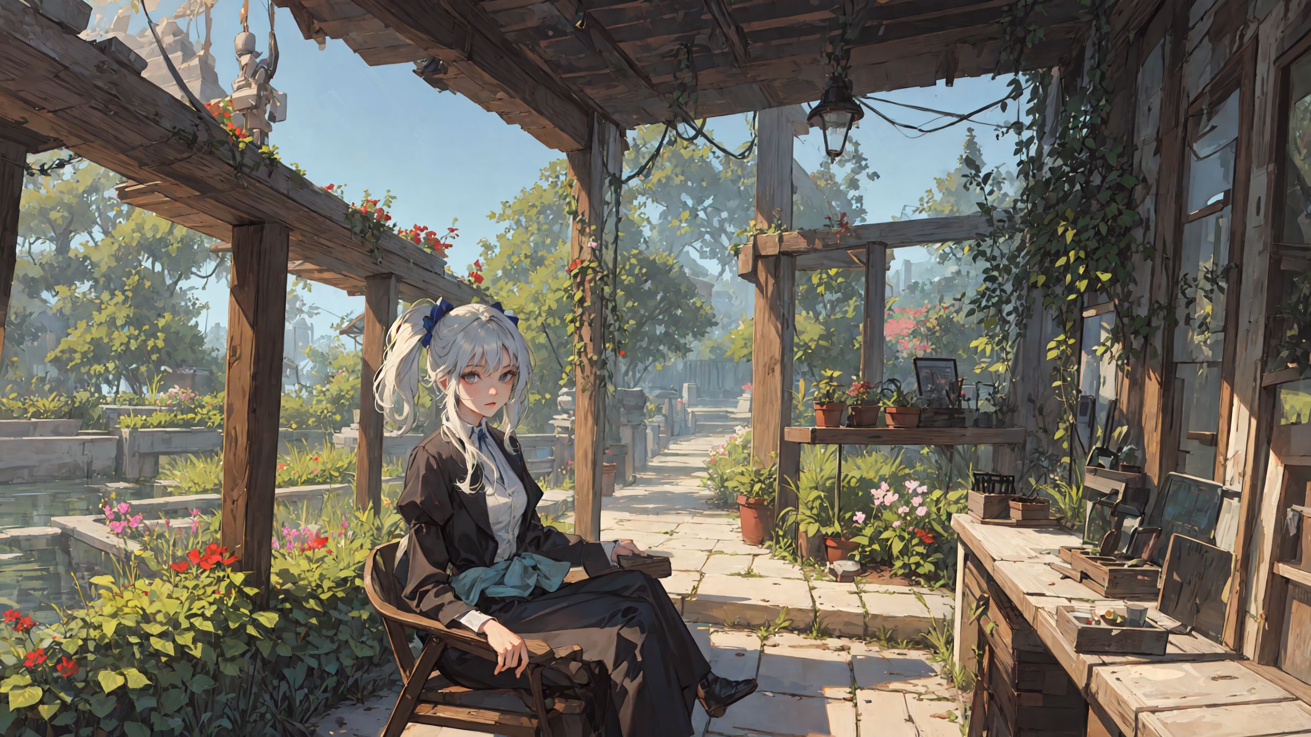 Anime 2560x1440 AI art women garden plants flowers leaves twintails blue eyes black coat gray hair sitting white shirt anime girls looking at viewer chair