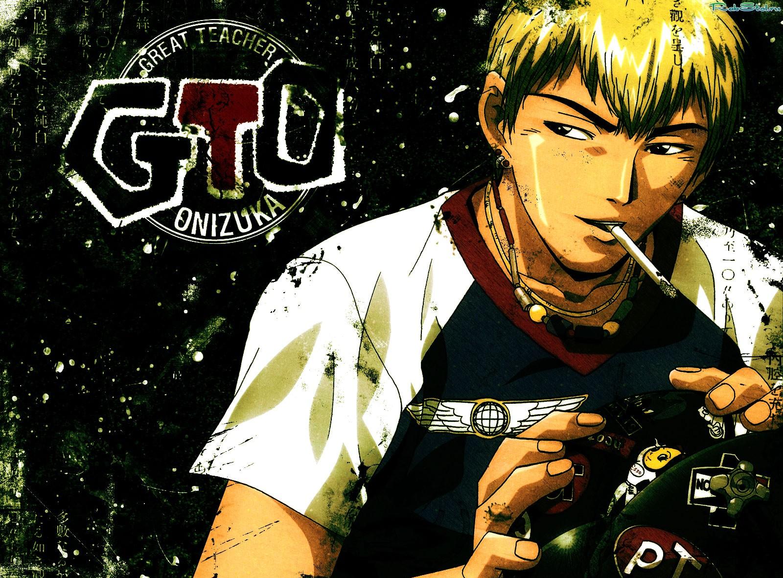 Anime 1600x1181 Great Teacher Onizuka Gunbuster anime men cigarettes smoking blonde necklace