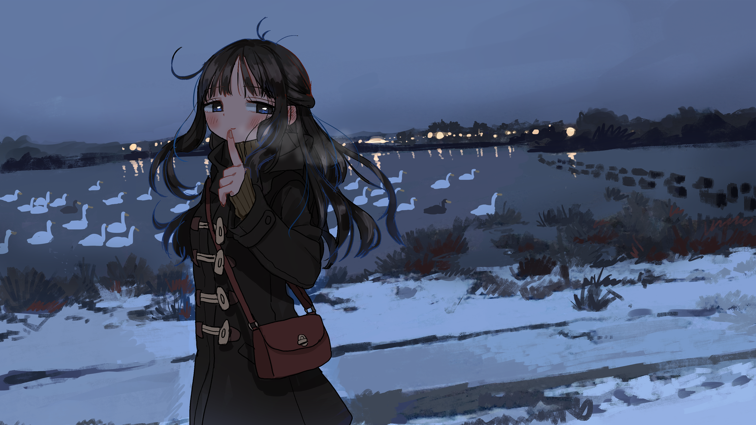 Anime 2560x1440 anime girls anime artwork snow blushing geese evening winter Zinbei purse