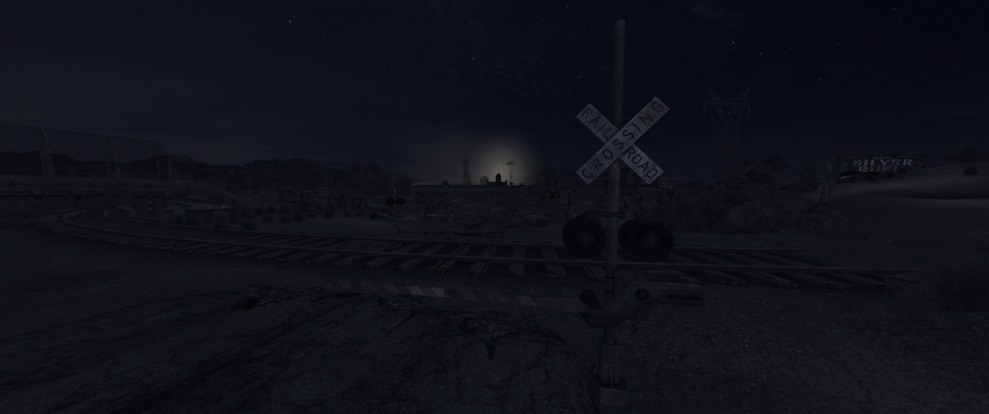 General 3440x1440 Fallout: New Vegas night railway crossing Nevada video games signs Obsidian Entertainment Bethesda Softworks post apocalypse