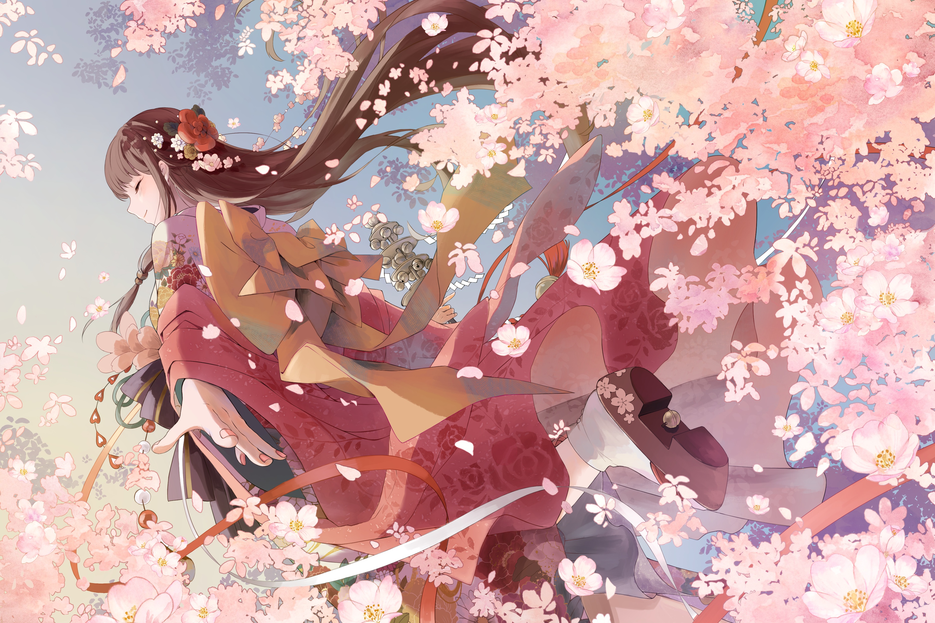 Anime 3750x2500 anime anime girls petals flowers closed eyes flower in hair Spring ( Renderfem)