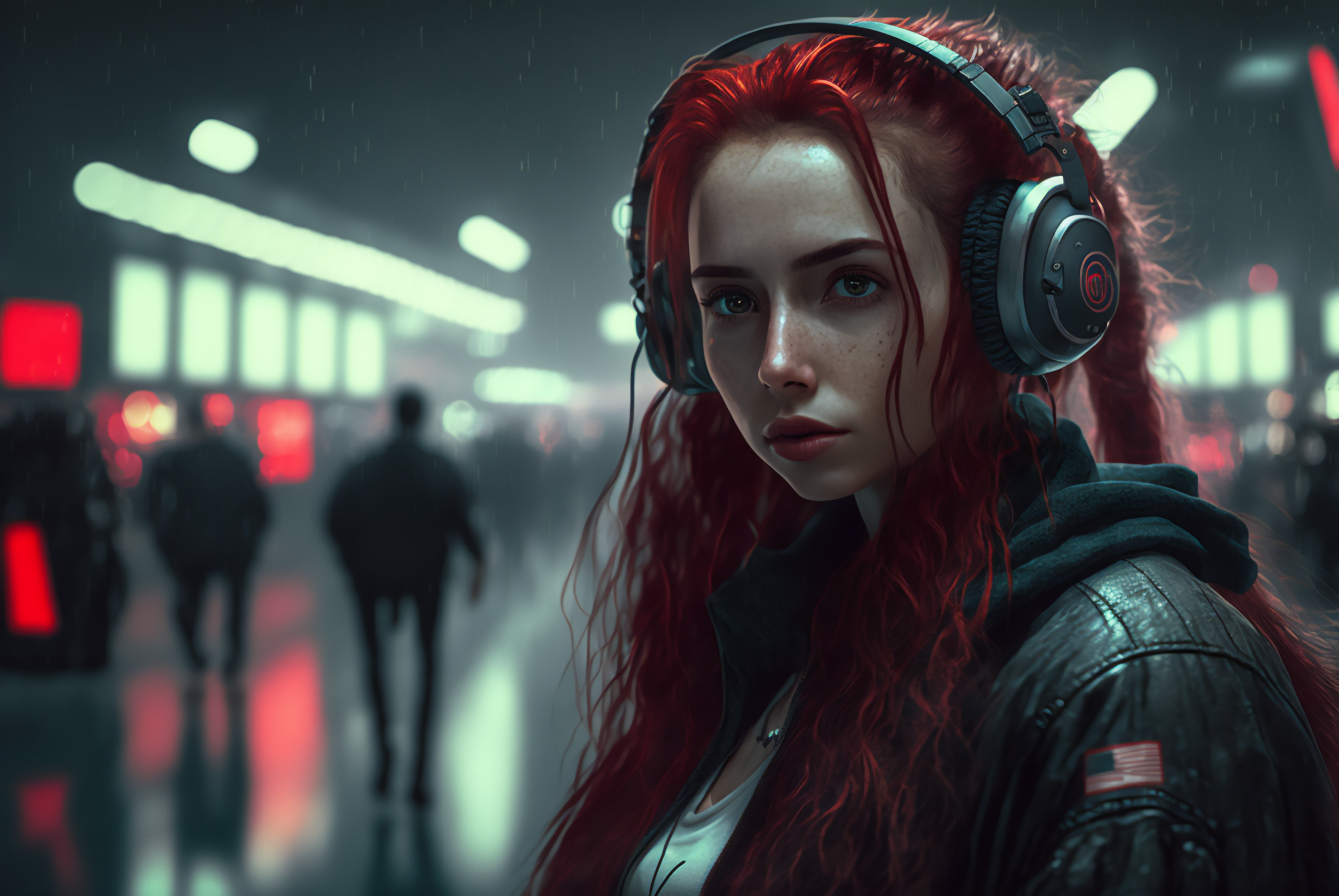 General 3060x2048 AI art women cyberpunk headphones redhead