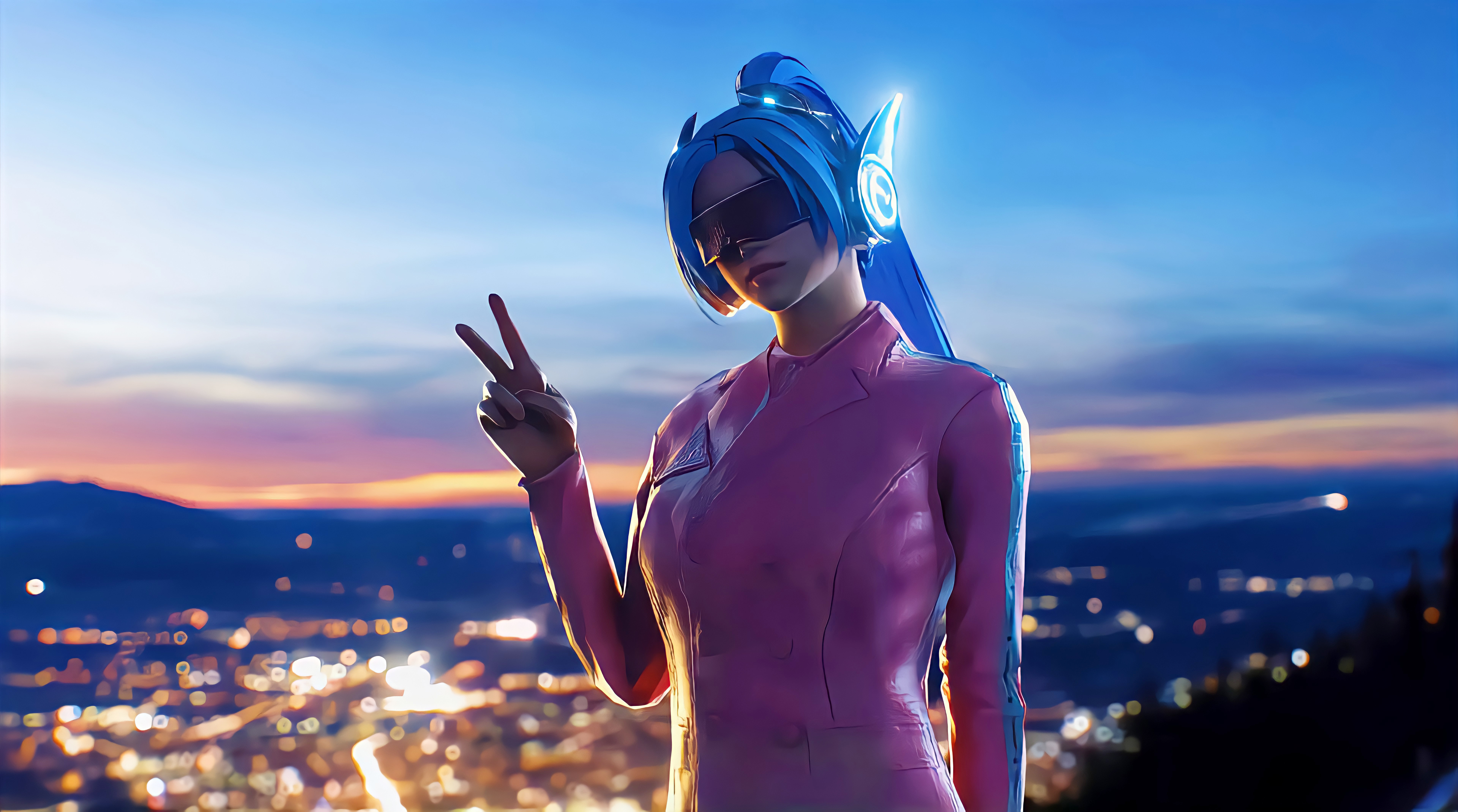 Anime 7680x4280 Game CG blue hair victory sign women ponytail lights city lights Game For Peace