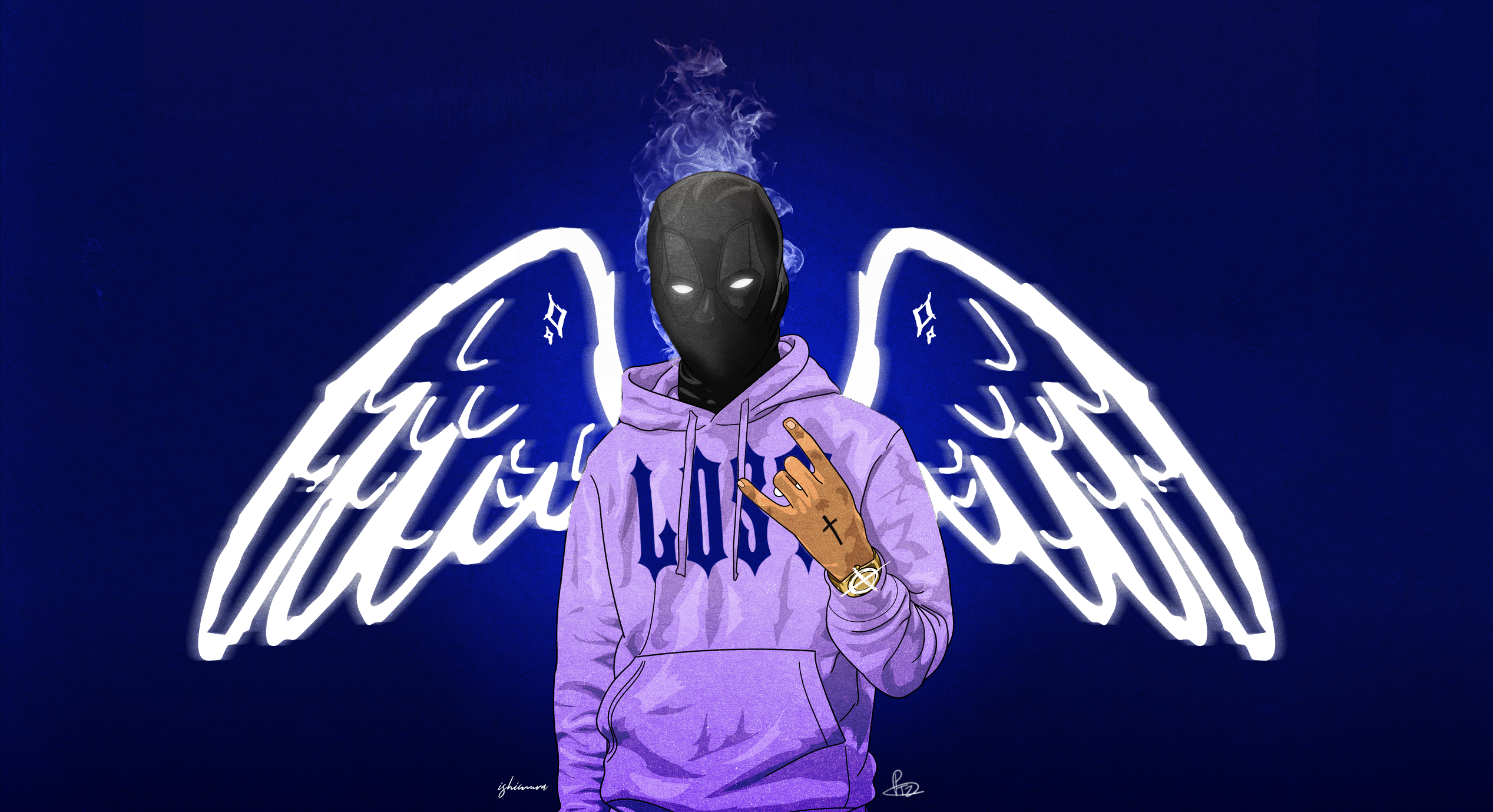 General 2535x1379 hip hop music gangster wings mask balaclava illustration artwork digital art graphic design blue background tattoo smoke fire Deadpool mask