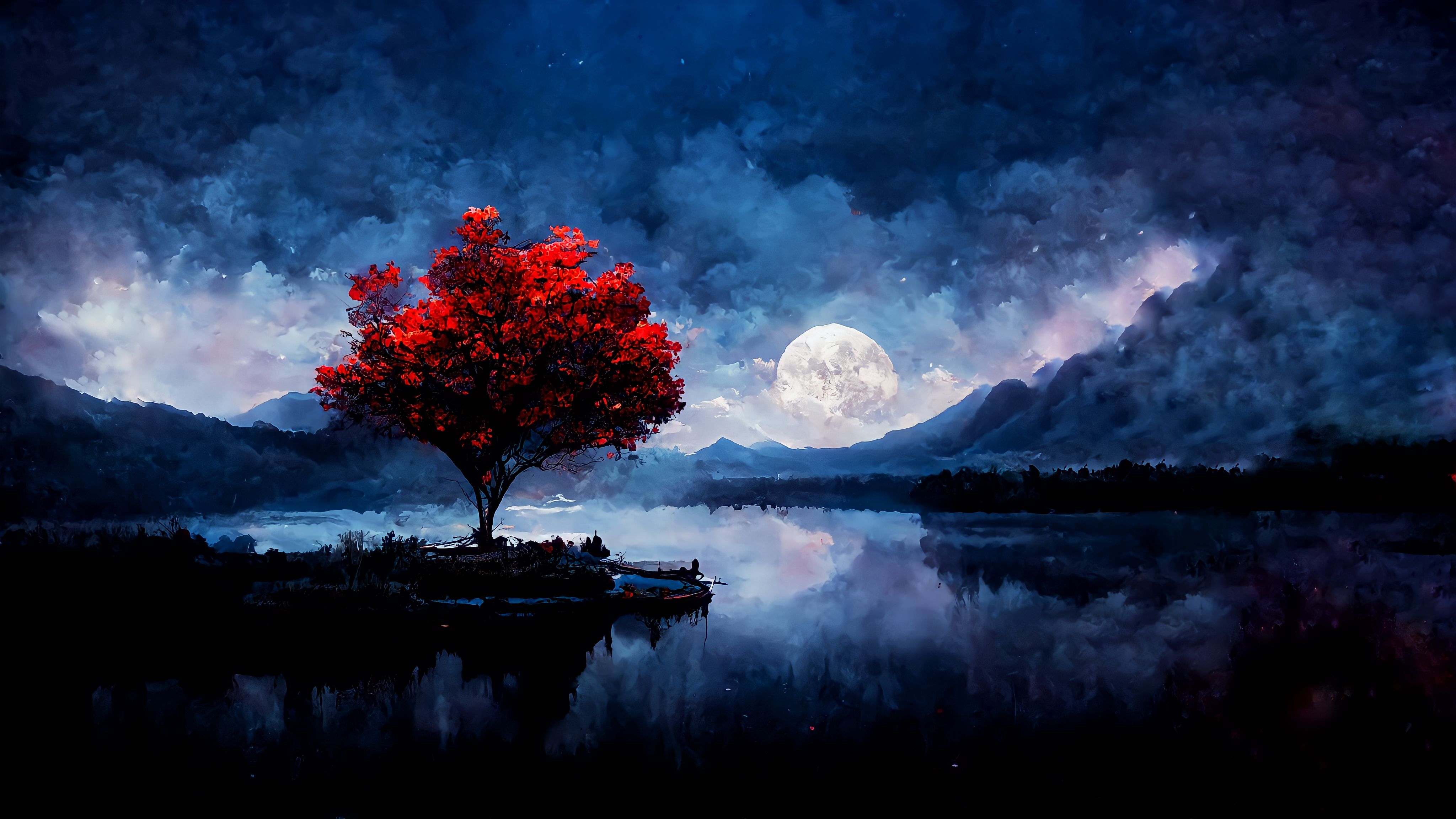 General 4096x2304 red trees full moon landscape matte painting ArtStation AI art lake mountains nature clouds water Moon
