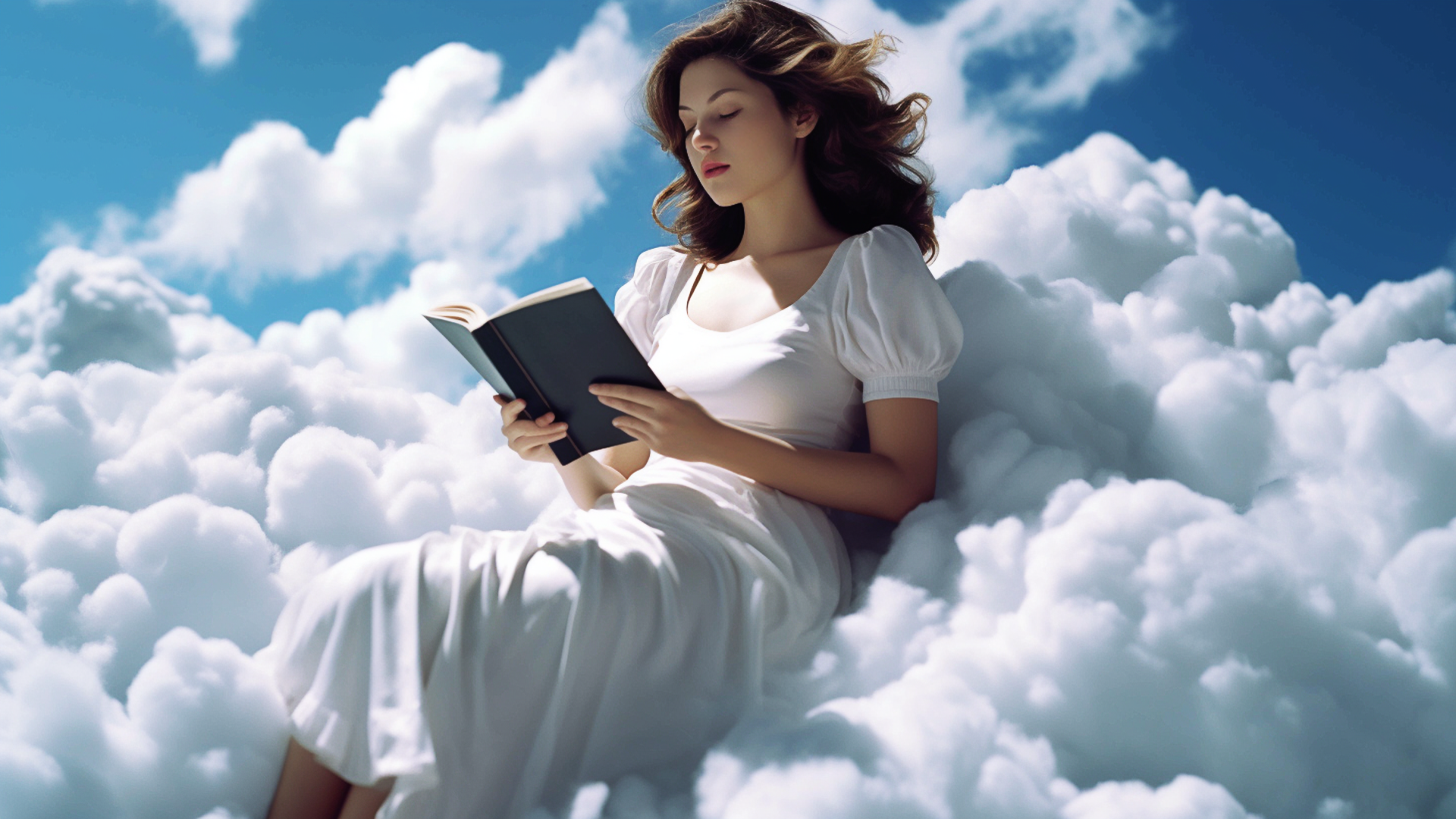General 1920x1080 AI art women model book in hand reading clouds sitting sky books long hair digital art closed eyes