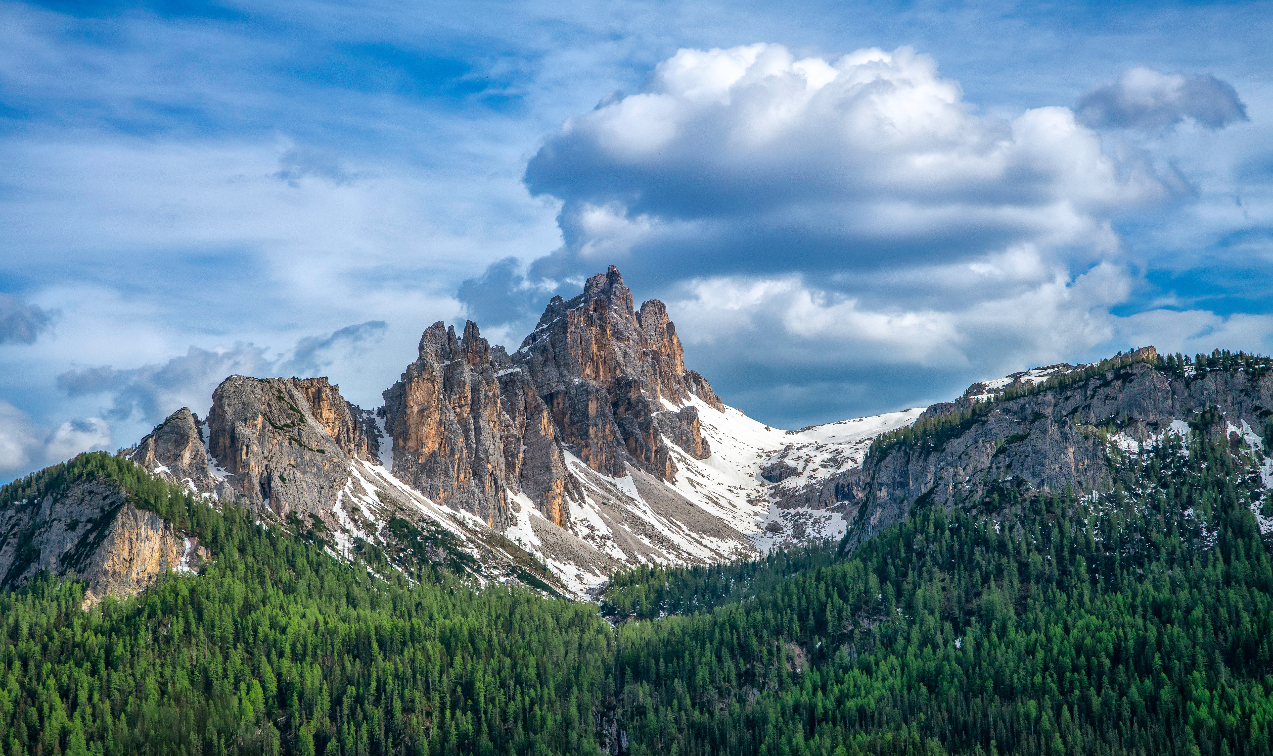 General 5120x3039 photography landscape nature Dolomites Italy mountains forest trees clouds snow sky
