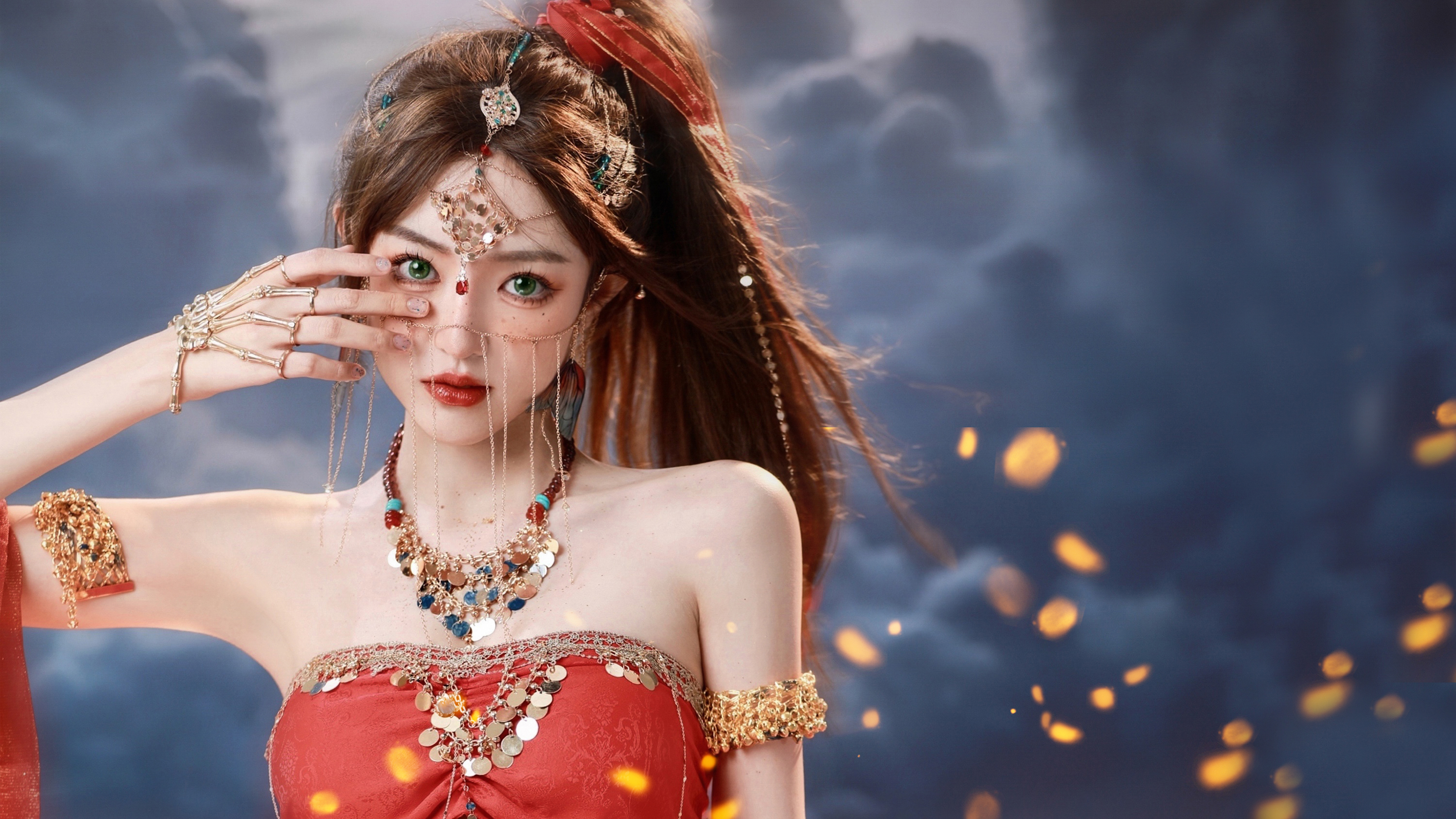 General 3840x2160 long hair red lipstick Asian women blurred blurry background necklace jewelry looking at viewer bare shoulders