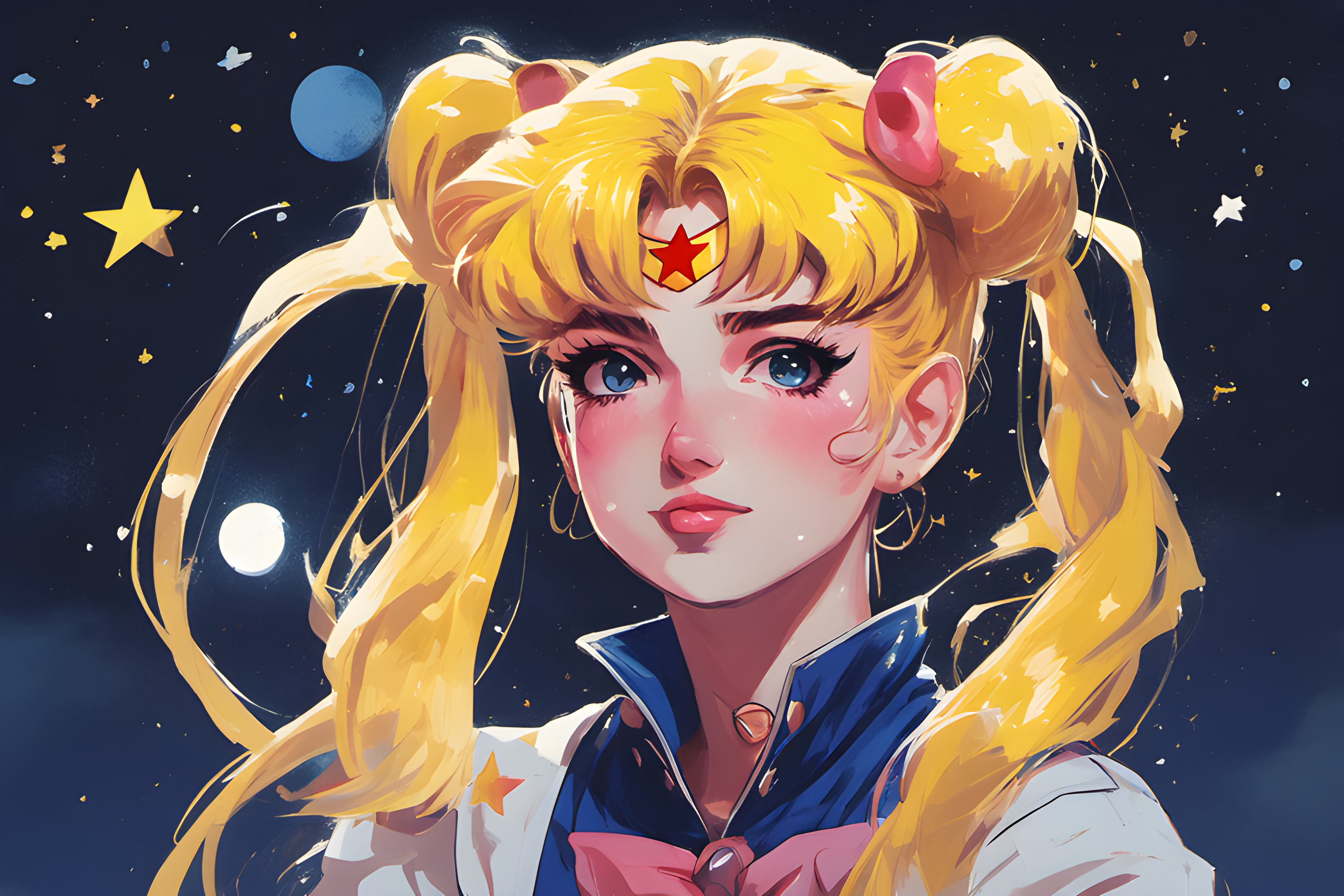 Anime 3072x2048 Sailor Moon Sailor Moon (Character) AI art Stable Diffusion anime girls blonde stars braids french braided pigtails looking at viewer twintails long hair digital art
