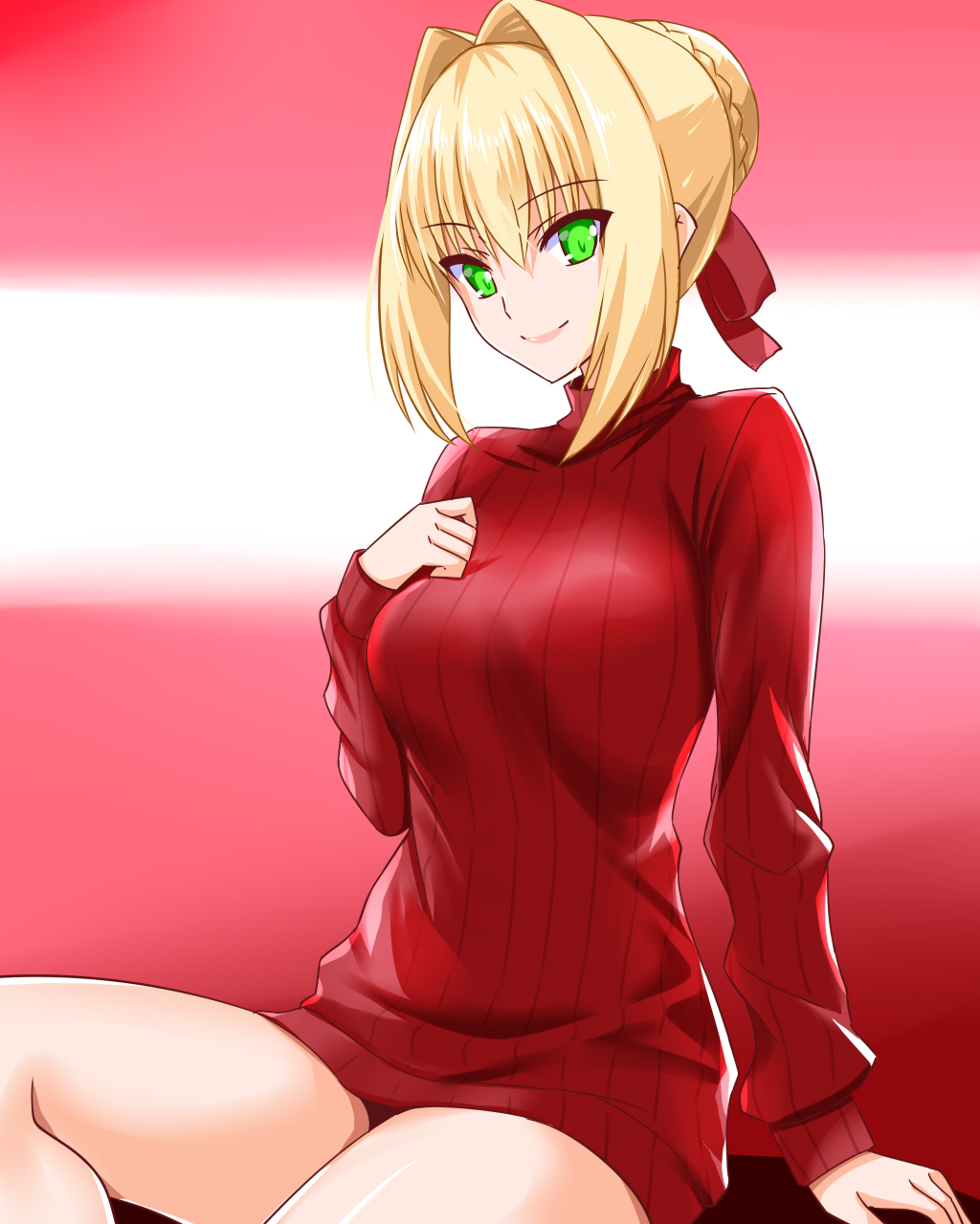 Anime 1024x1280 anime anime girls Fate series Fate/Extra Fate/Extra CCC Nero Claudius hairbun blonde solo artwork digital art fan art sweater portrait display smiling looking at viewer simple background minimalism