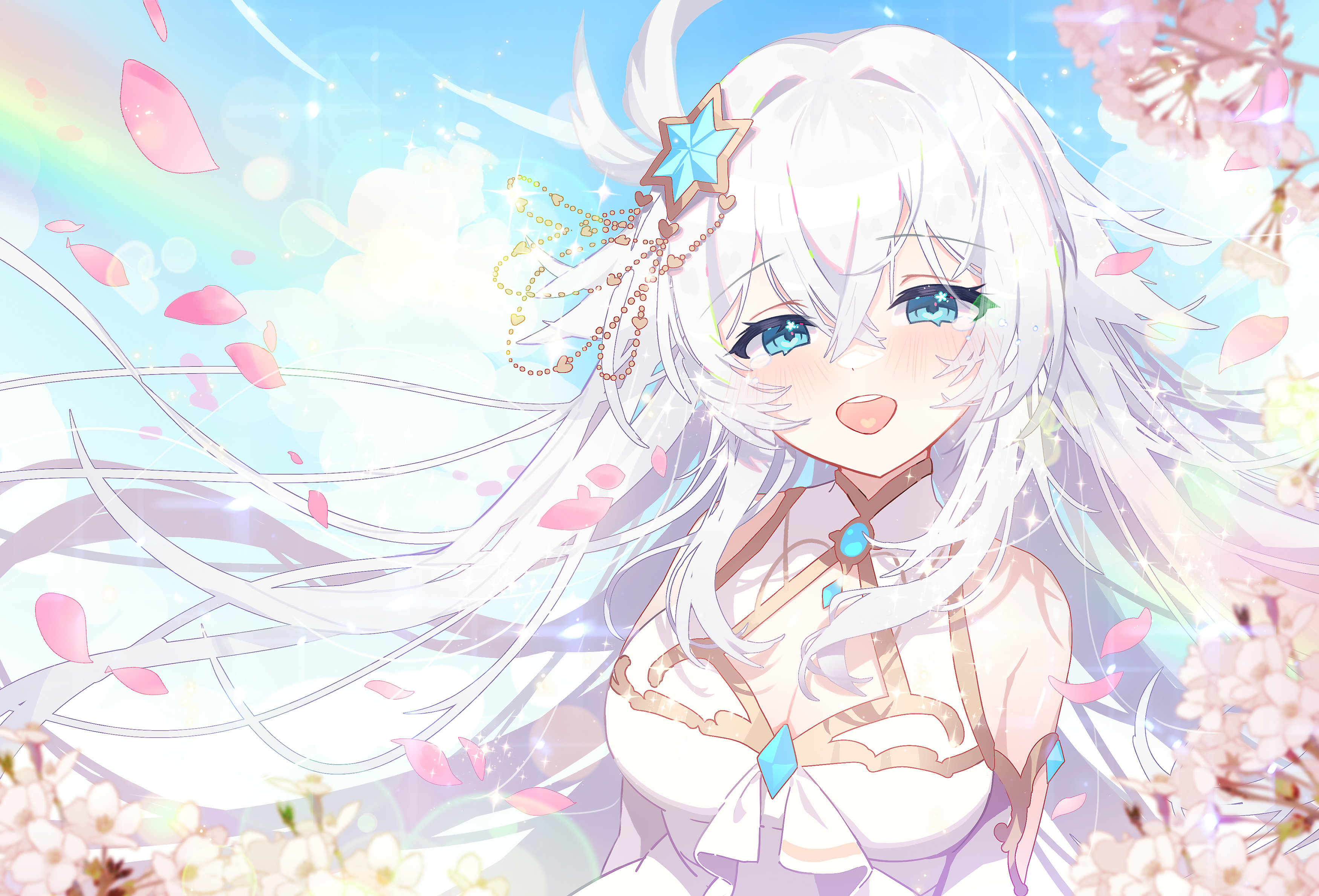 Anime 3500x2377 anime anime girls long hair petals rainbows sunlight open mouth blushing looking at viewer white hair blue eyes cleavage big boobs flowers stars