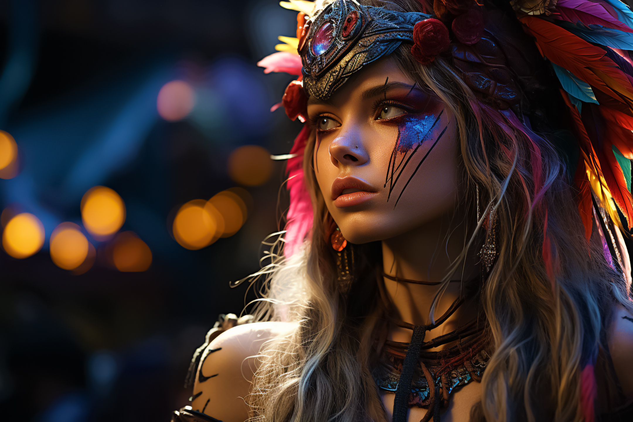 General 2160x1440 Stable Diffusion AI art portrait crown feathers colorful digital art looking away blurred blurry background long hair