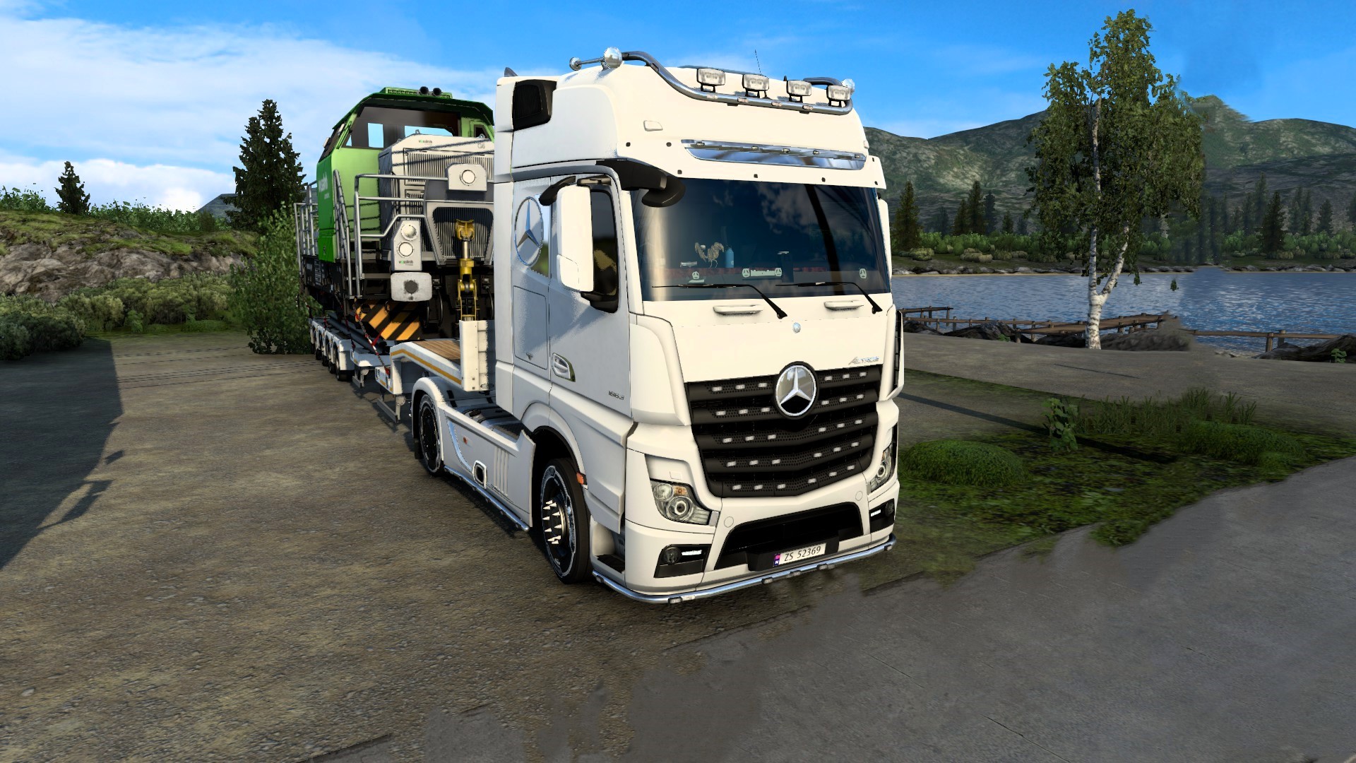 General 1920x1080 Euro Truck Simulator 2 Mercedes-Benz Actros MP4 Mercedes-Benz video games vehicle CGI frontal view sky clouds truck trees water screen shot