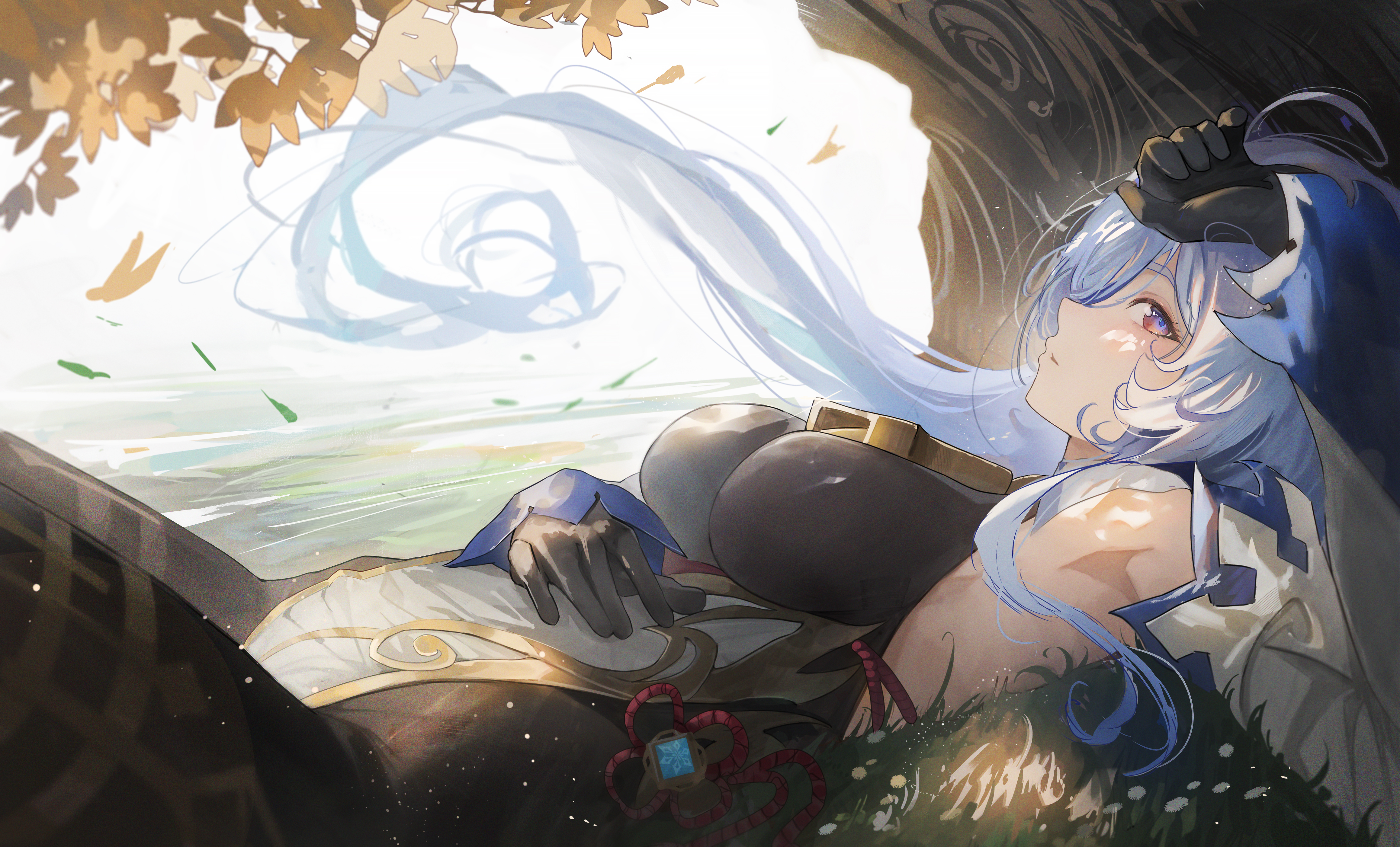 Anime 4636x2806 Genshin Impact leaves Ganyu (Genshin Impact) blue hair long hair bodysuit lying down lying on back trees grass looking at viewer looking sideways water hair blowing in the wind windy hand on belly gloves black gloves yonesdraws armpits profile multi-colored eyes