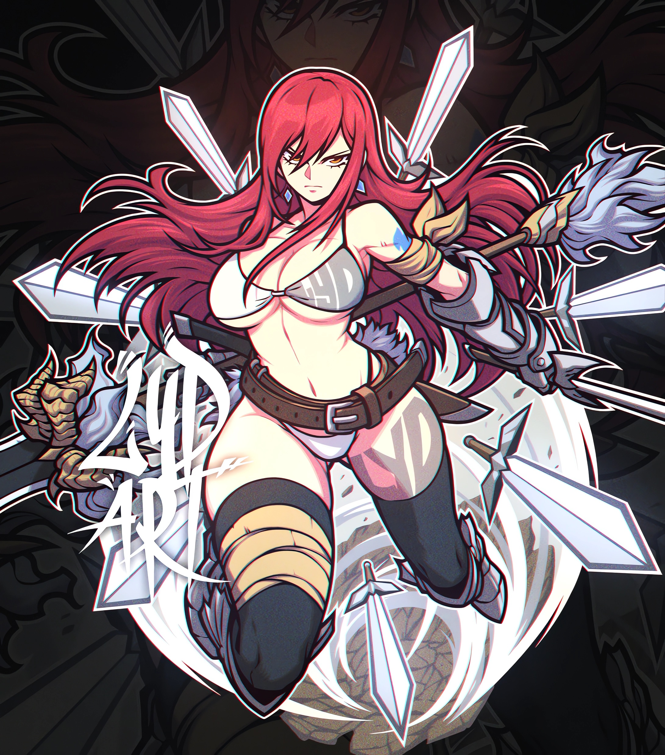 Anime 2182x2476 Scarlet Erza Fairy Tail LYDart_Mclo redhead sword portrait display anime girls big boobs bikini signature long hair frown earring looking at viewer stockings belly