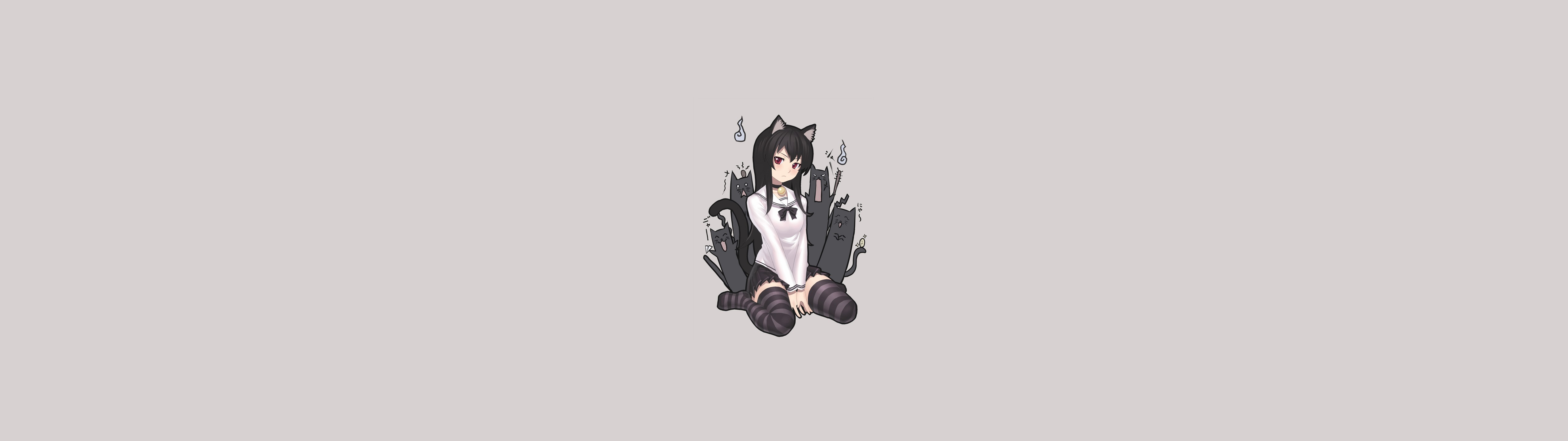 Anime 5120x1440 anime girls cat girl cat ears cat tail simple background minimalism bow tie stockings long hair cats animals looking at viewer frown collar schoolgirl school uniform digital art multiple display dual monitors