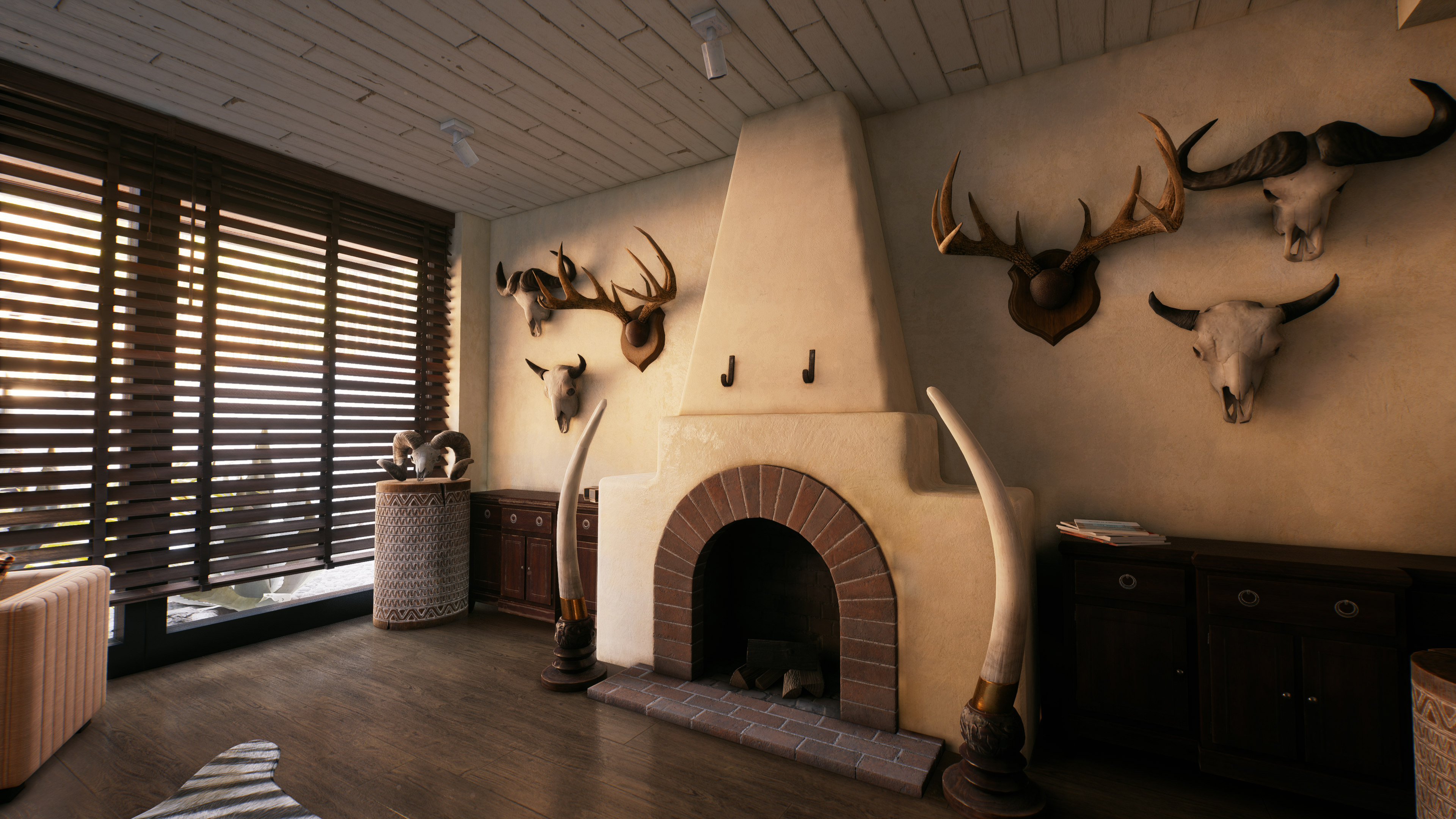 General 3840x2160 Dead Island 2 Nvidia RTX video games CGI interior antlers animals skull blinds window fireplace