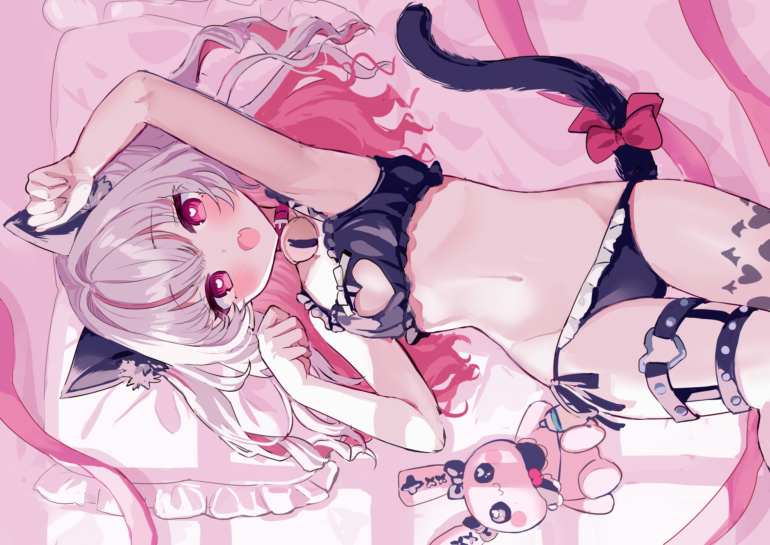Anime 3035x2150 anime anime girls lying down lying on back long hair cat girl cat ears cat tail belly belly button heart eyes blushing looking at viewer bow tie pillow bells collar armpits teddy bears two tone hair
