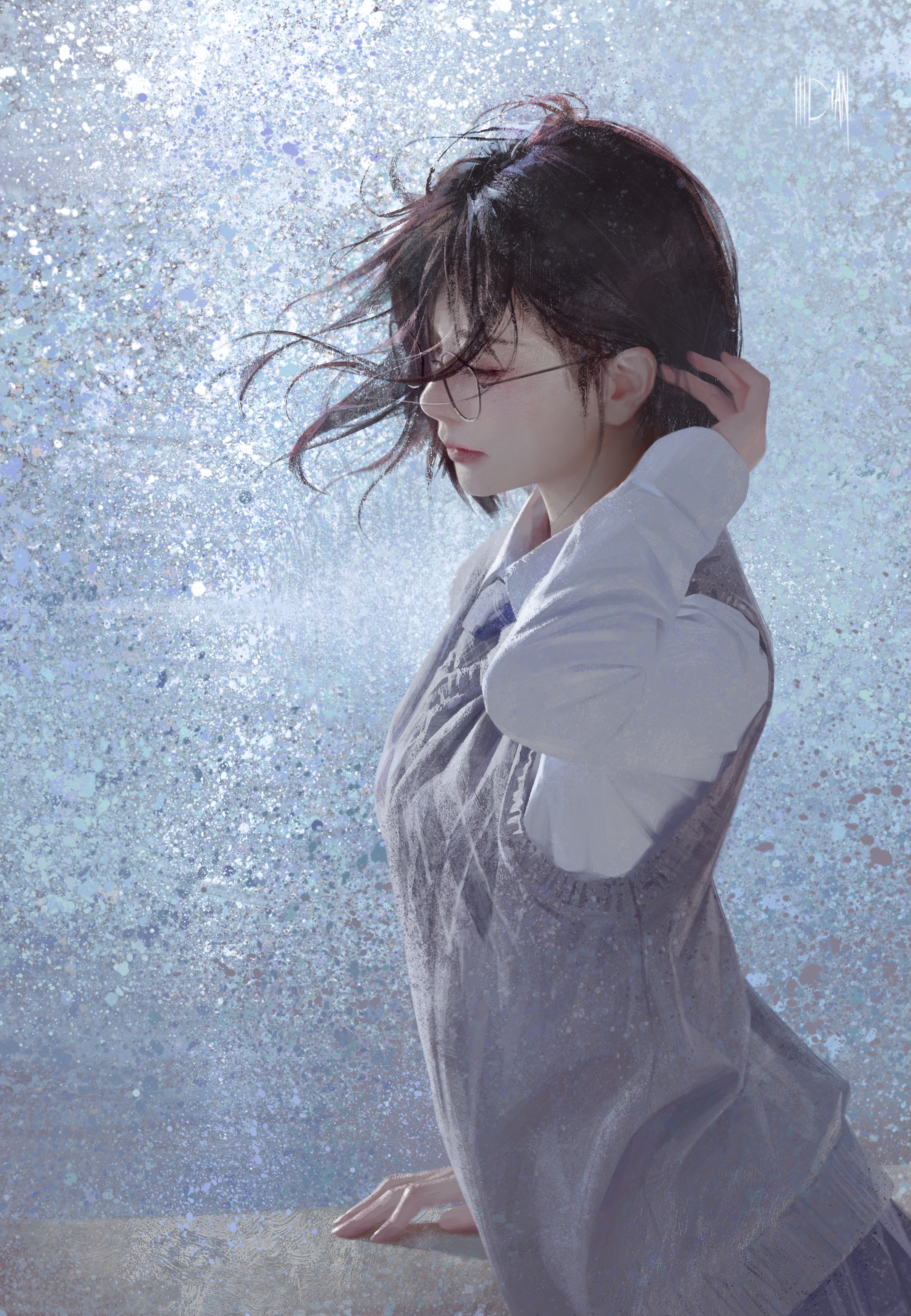 General 3269x4724 ILLDIAN digital art artwork illustration women glass women with glasses dark hair closed eyes hair blowing in the wind watermarked profile portrait display standing simple background Asian
