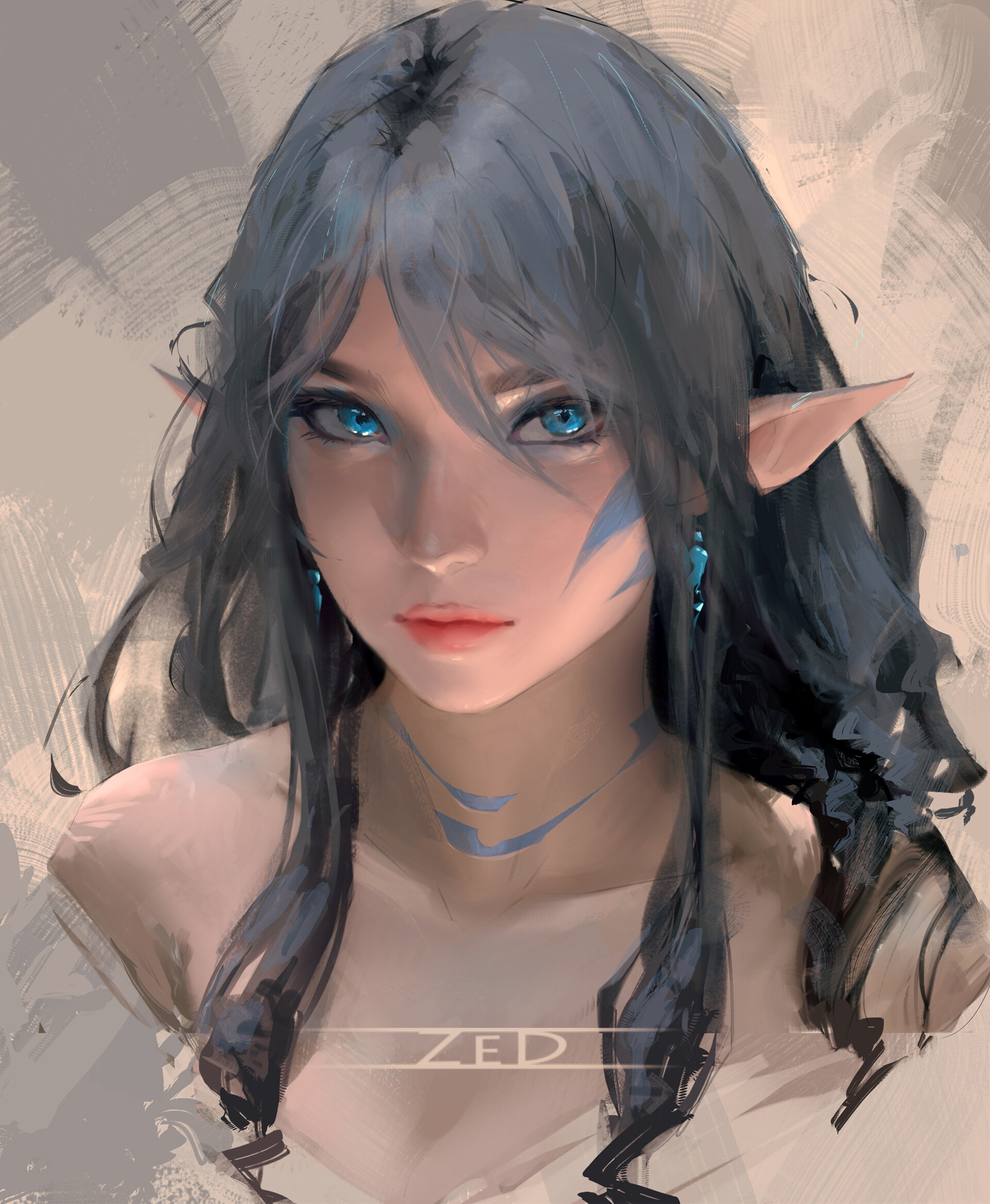General 1920x2335 Trungbui drawing elves blue eyes earring portrait pointy ears long hair portrait display signature looking at viewer