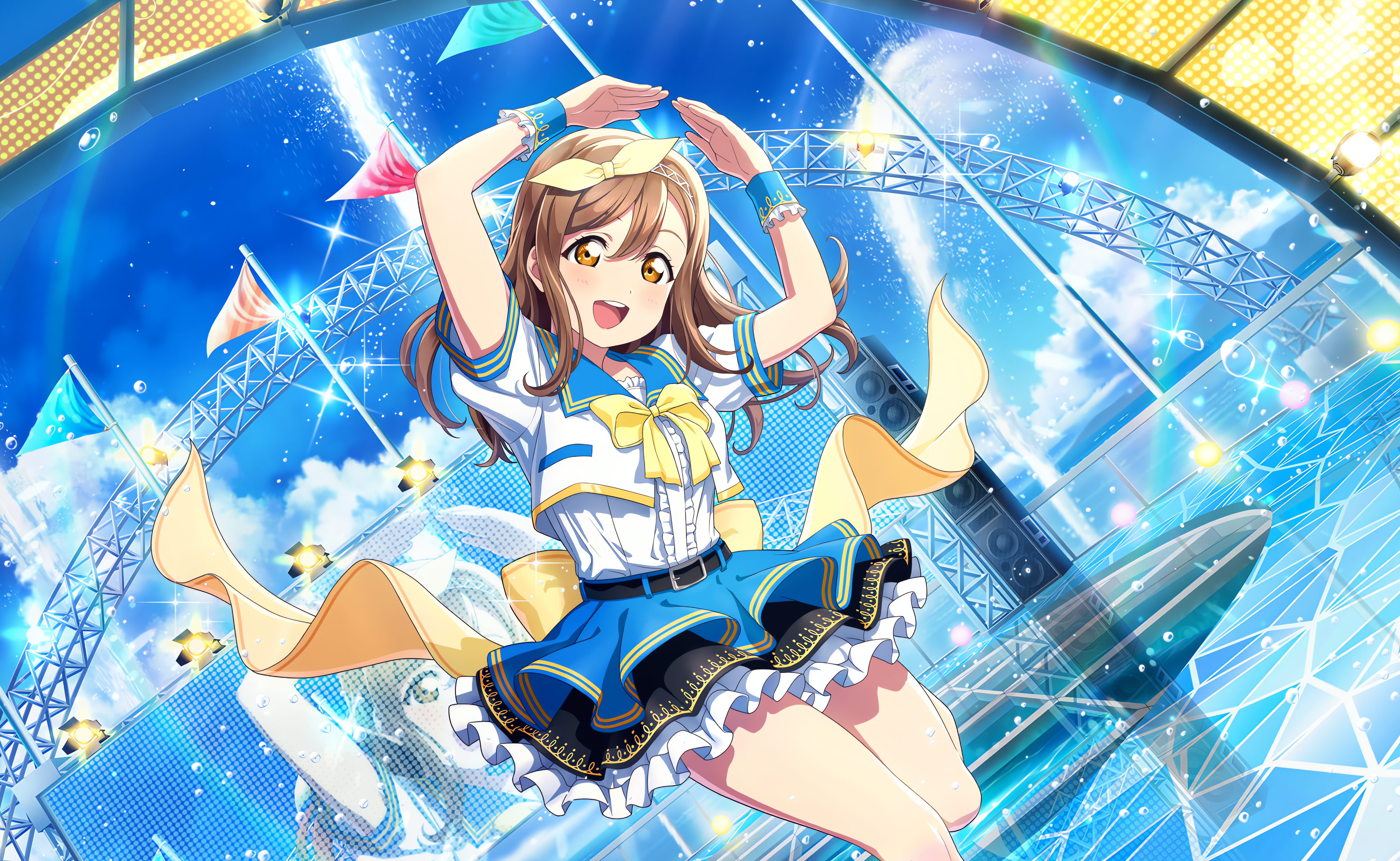 Anime 4096x2520 Kunikida Hanamaru Love Live! Love Live! Sunshine anime anime girls uniform bow tie sky clouds open mouth water water drops brunette brown eyes stages flag stage light