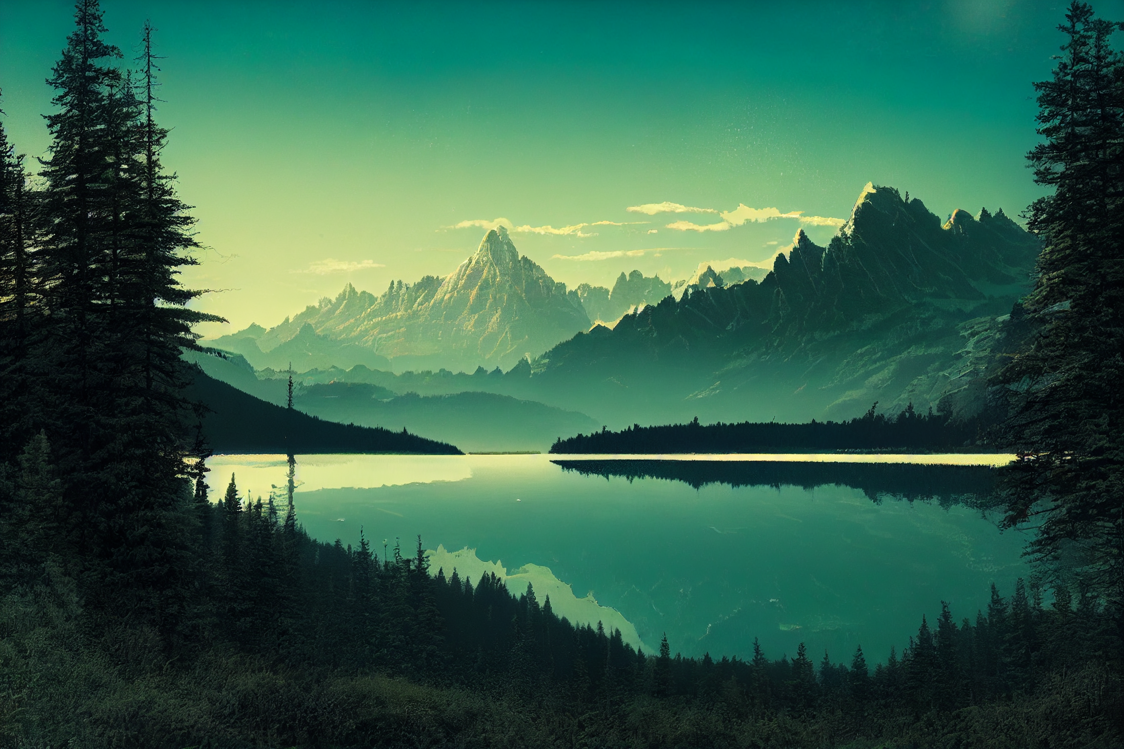 General 2304x1536 landscape lake mountains nature water trees reflection sky AI art