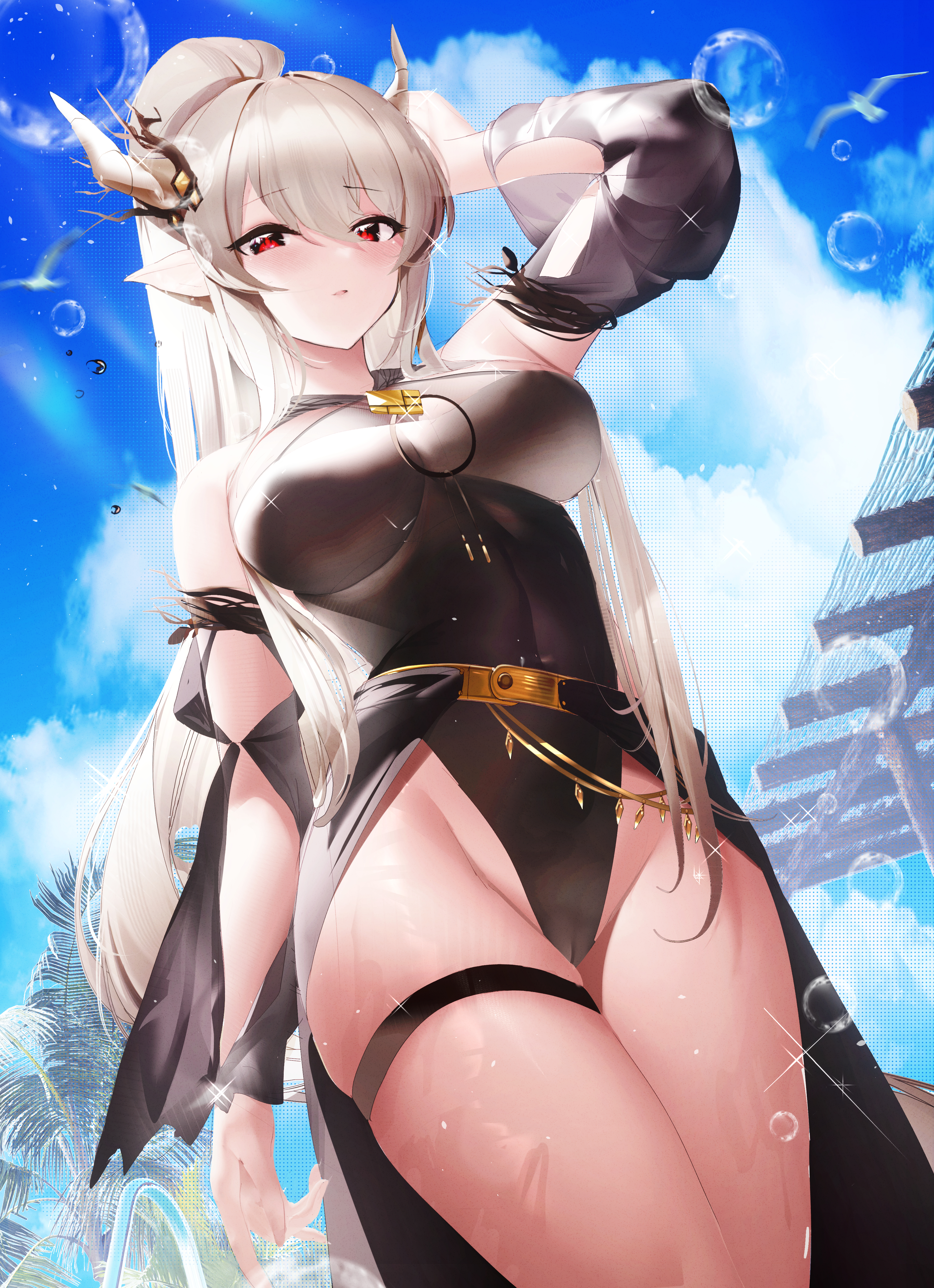 Anime 3480x4800 anime anime girls boobs big boobs curvy pointy ears bodysuit blonde red eyes Shining(Arknights) low-angle bubbles thighs