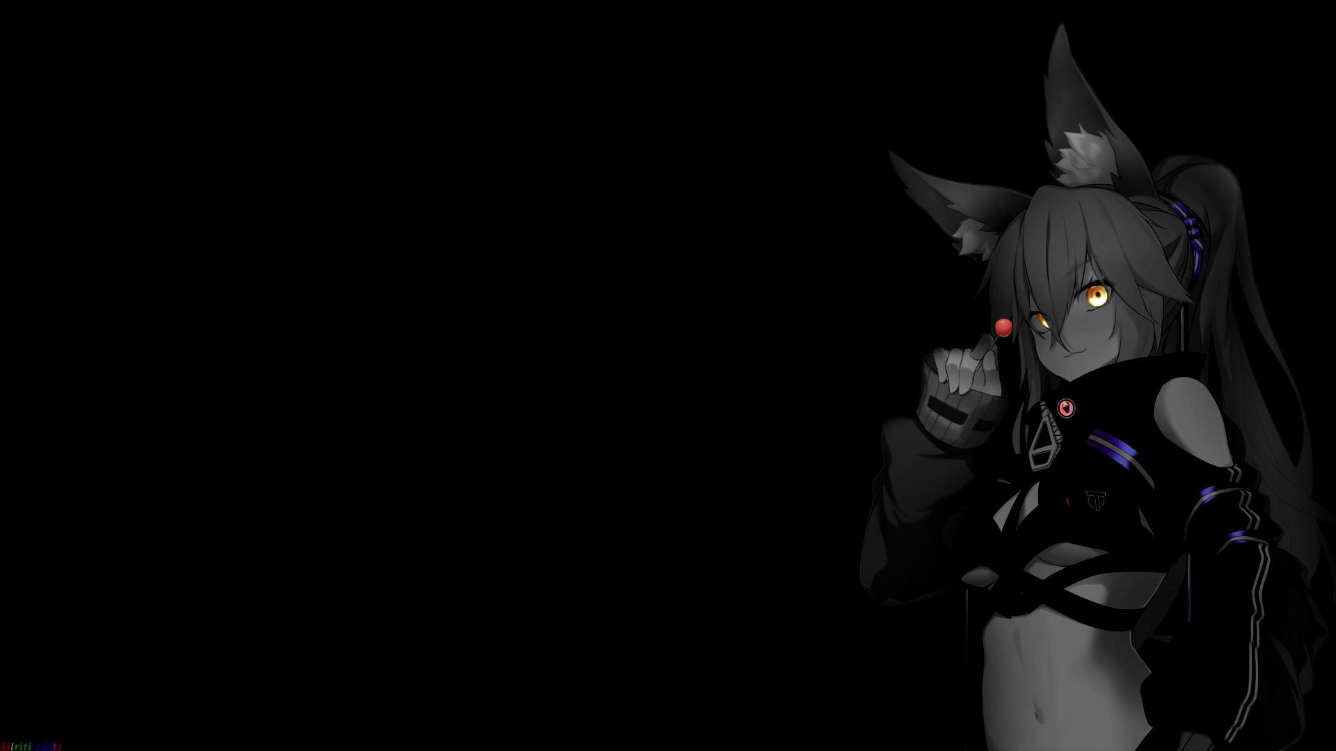 Anime 1920x1080 selective coloring black background dark background simple background anime girls fox girl fox ears lollipop belly ponytail