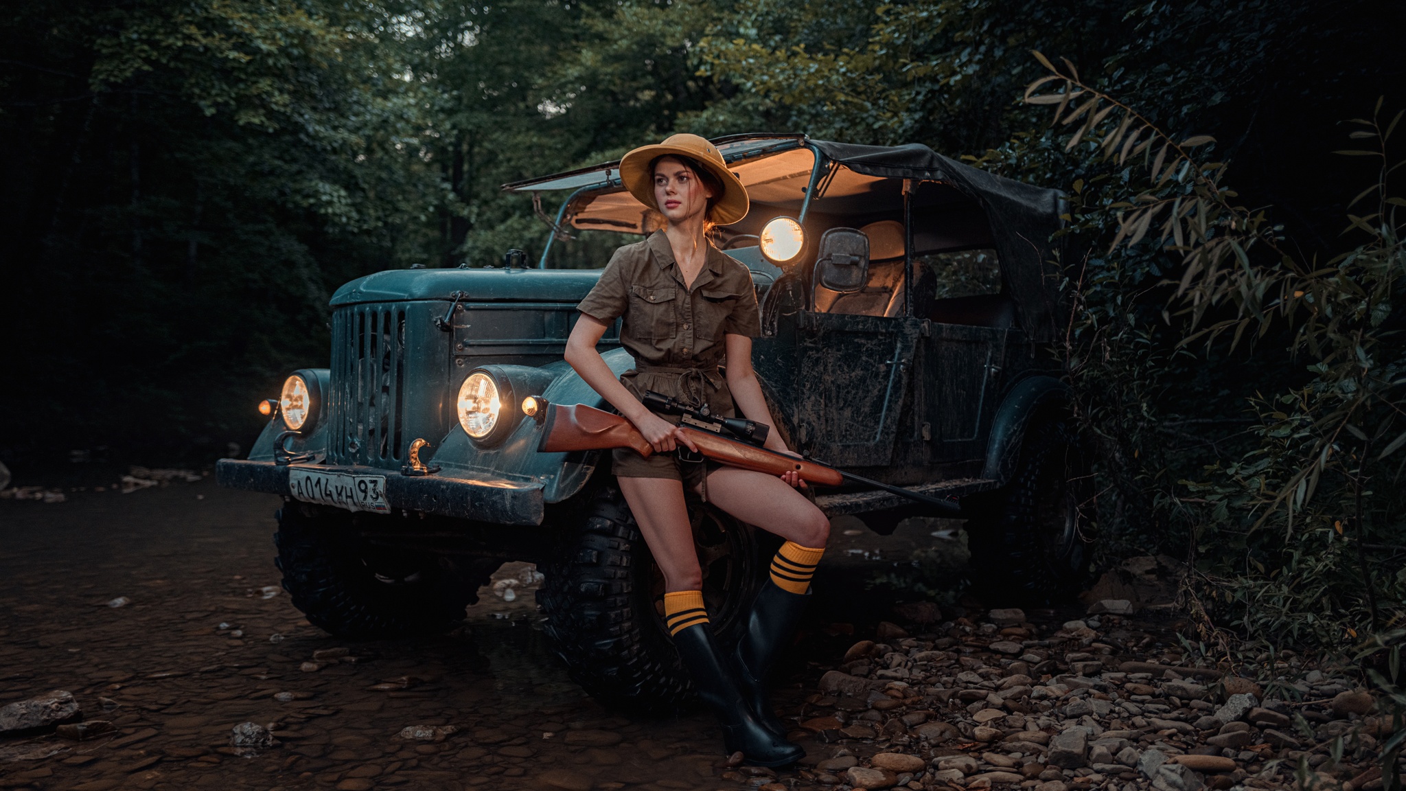 People 2048x1152 Georgy Chernyadyev women Viktoria Ageeva hat hunters sniper rifle car headlights forest boots 4x4 GAZ