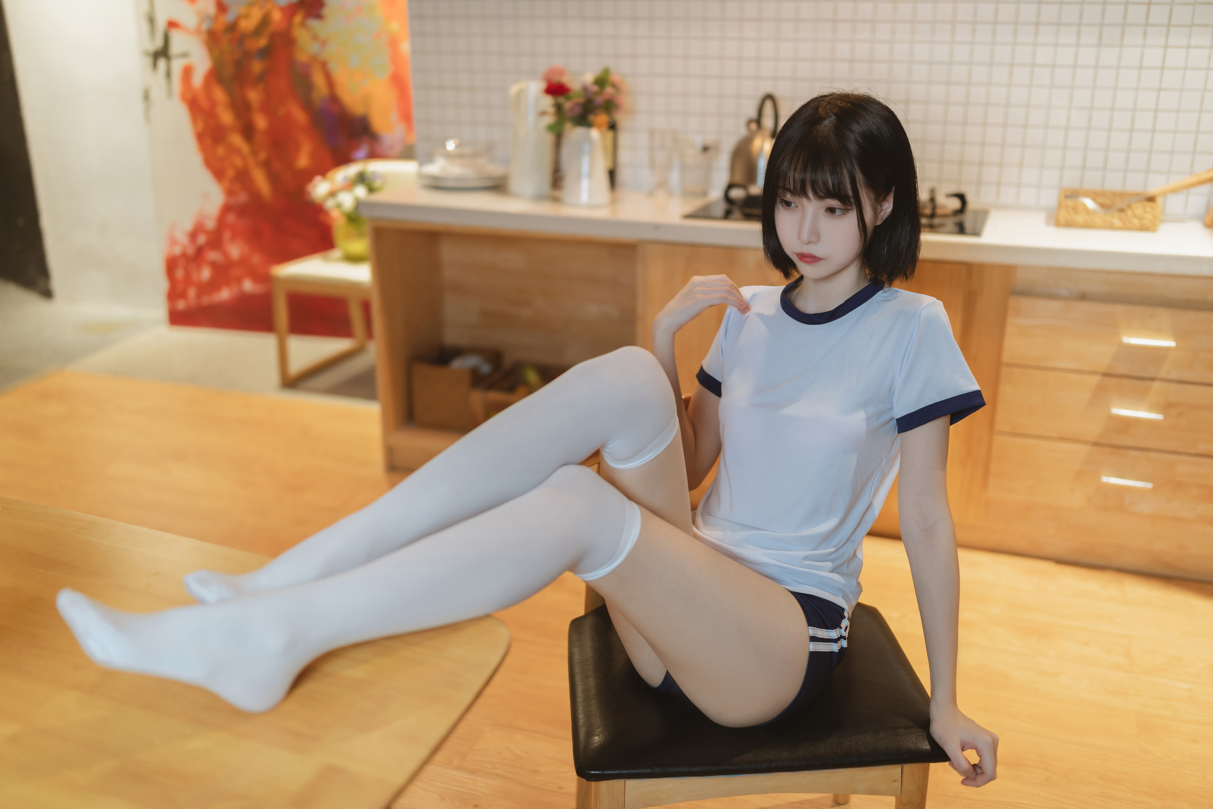 People 4032x2688 Xu Lan women model Asian cosplay JK sportswear women indoors T-shirt short shorts stockings gym clothes