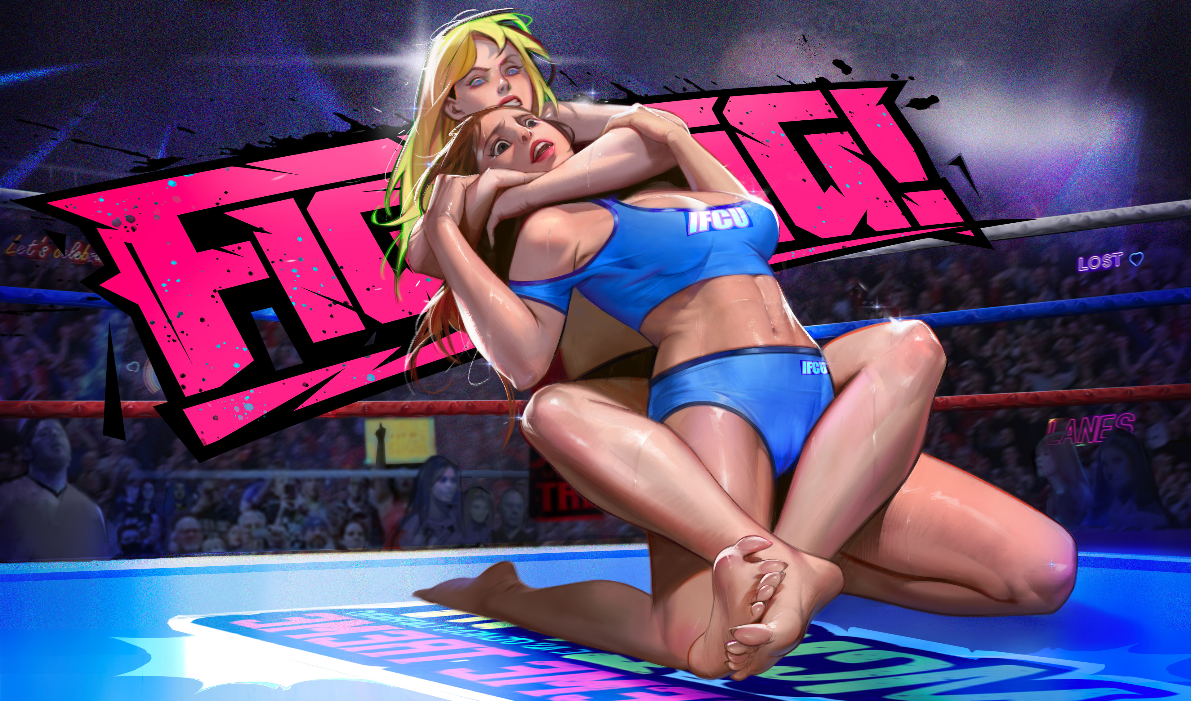 General 3840x2260 women artwork two women fighting wrestling belly feet foot sole blonde brunette short shorts sports bra Womens Wrestling