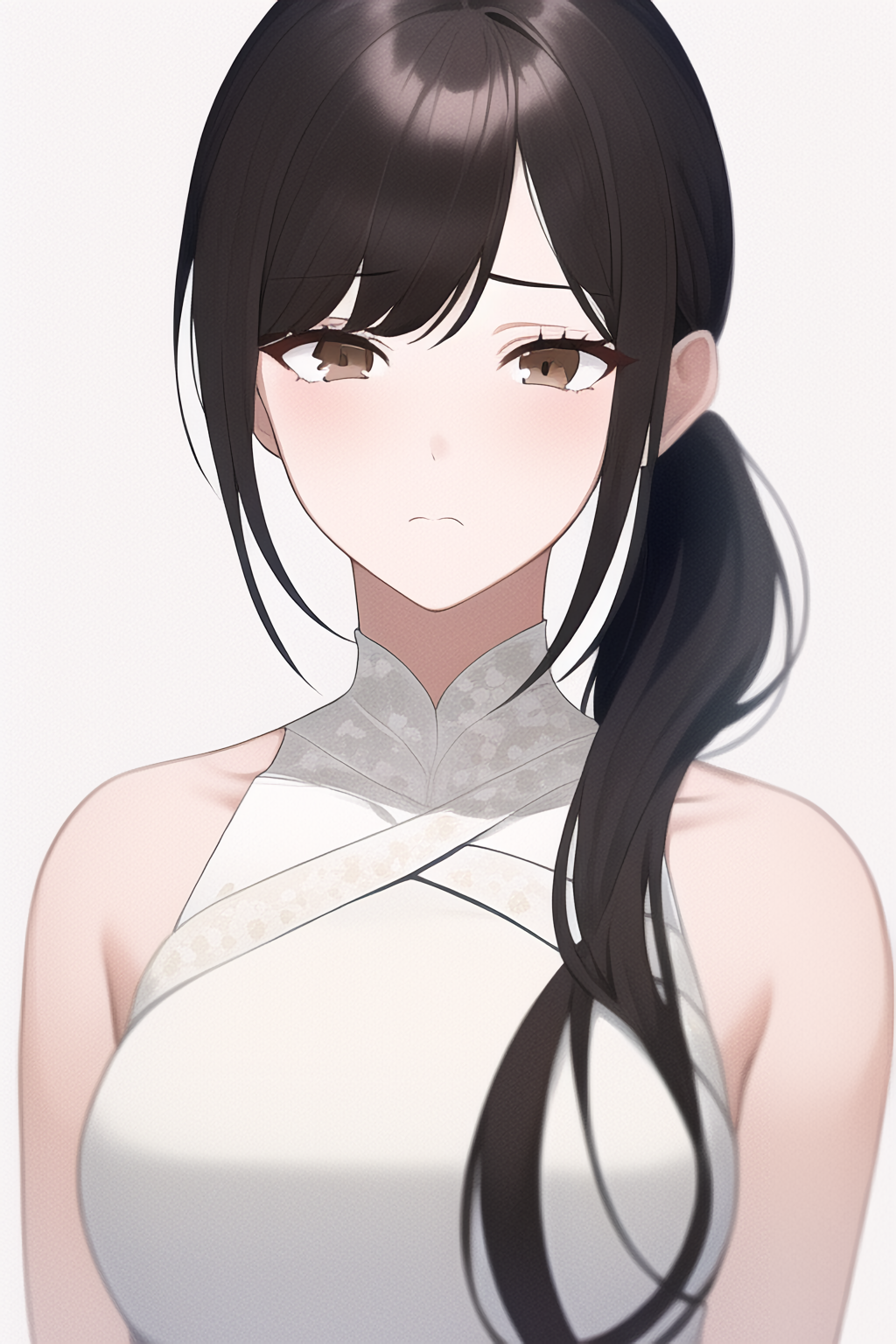 Anime 1024x1536 anime girls black hair brown eyes Chinese dress white background ponytail AI art portrait