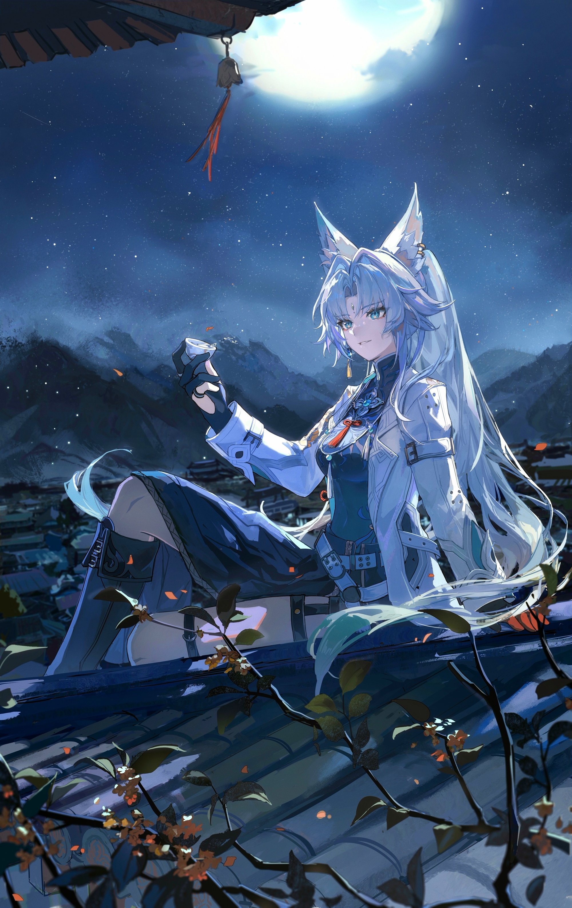 Anime 2000x3173 Honkai: Star Rail full moon portrait display anime girls Feixiao (Honkai:Star Rail) starry night starred sky looking sideways smiling women outdoors long hair black gloves long sleeves Moon cup boots sky stars sitting rooftops thigh strap animal ears Qqqne