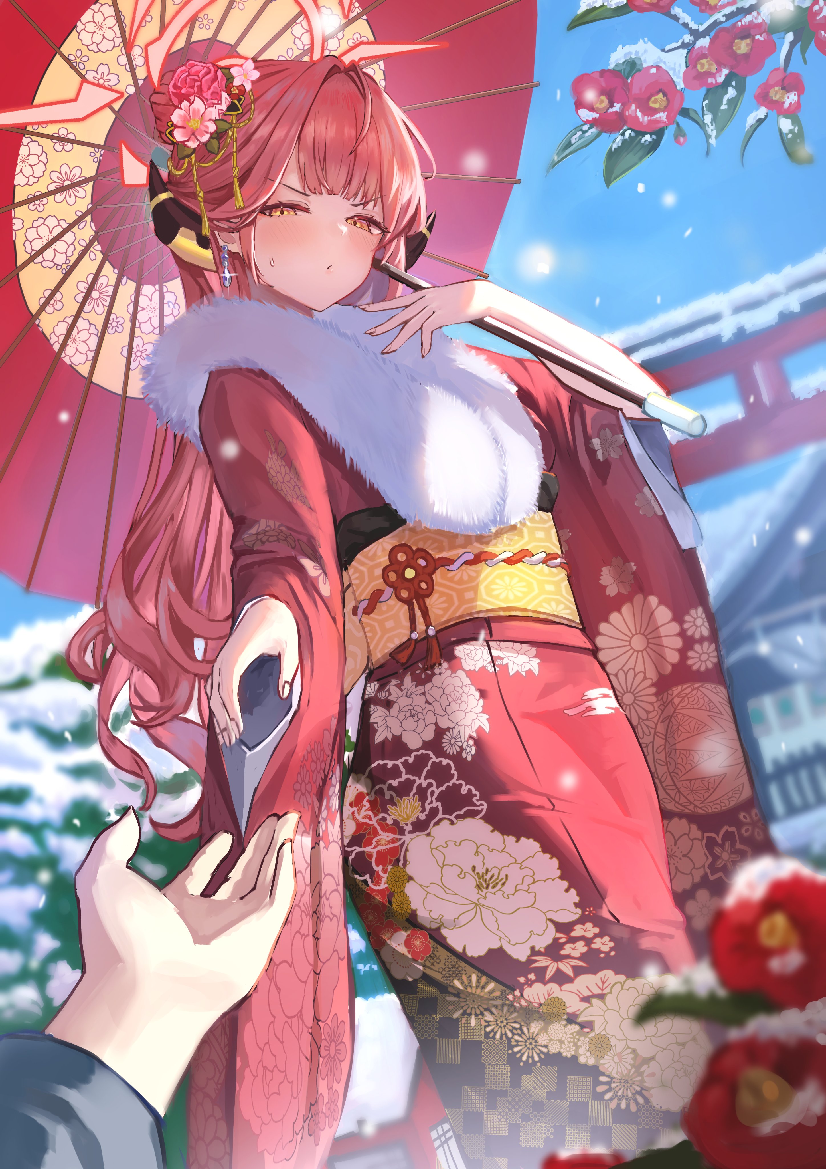 Anime 2896x4096 Blue Archive umbrella portrait display anime girls Aru Rikuhachima (Blue Archive) looking at viewer snowing hair ornament red flowers flower in hair yellow eyes fur trim women outdoors long hair arms reaching torii kimono sky snow Pongdo POV redhead