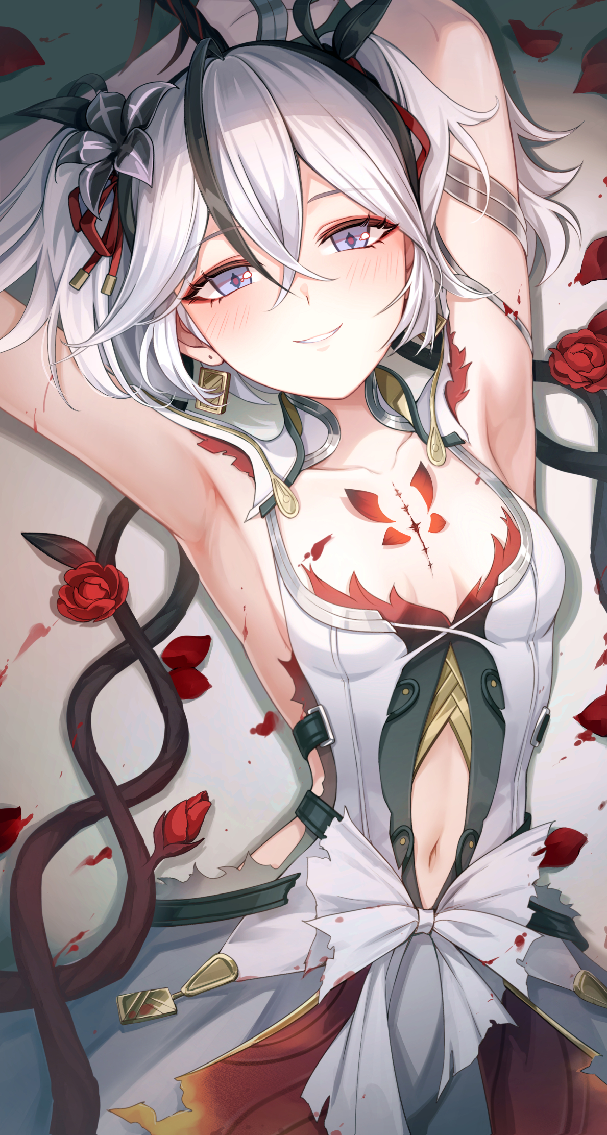 Anime 1189x2223 Wuthering Waves video game art video game characters video game girls Camellya (Wuthering Waves) smiling blushing armpits belly button earring white hair red flowers petals highlights red eyeshadow hairband